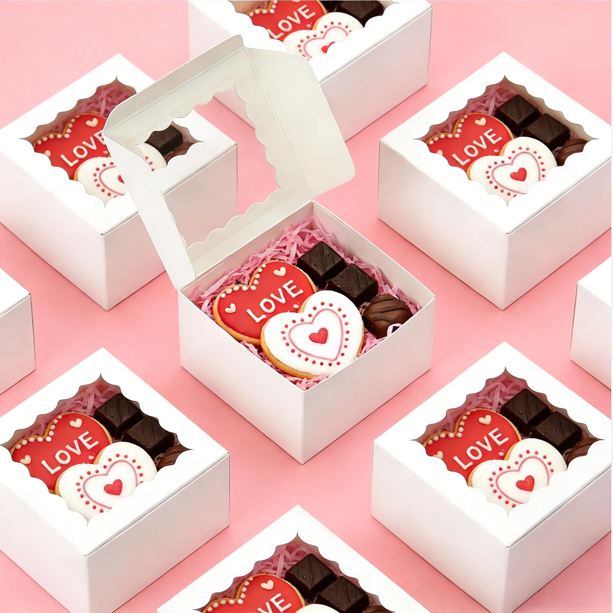 XINHPKGG 50pcs Cookie Boxes 4x4x2.5 Inch Bakery Boxes with Window Treat Box Dessert Box for Wedding Favors Party Mother's Day - White