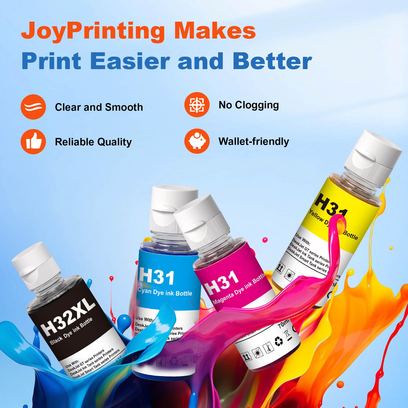 JoyPrinting 31 Ink Bottle Set 32XL Black Ink Bottle Compatible with HP 31 32XL Ink Bottle Set Work for HP Smart Tank 6001 7301 7602 7001 5000 5101 5102 5103 651 551 455 457 450 (4 Pack)