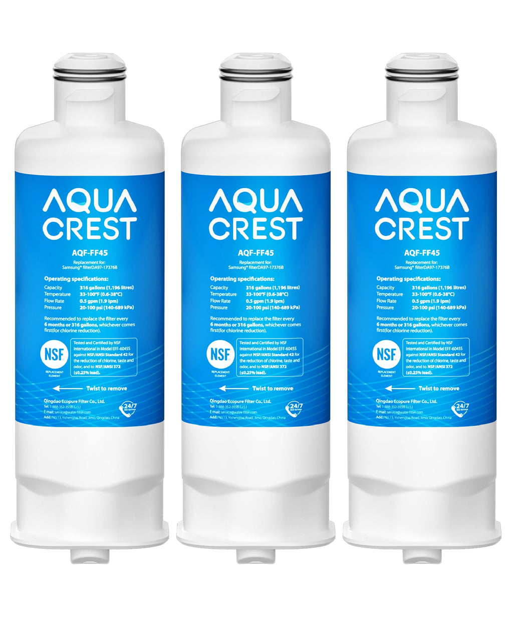 AQUA CREST HAF-Qin/EXP Replacement for Samsung® DA97-17376B, DA97-08006C, HAF-Qin, RS27T5200SR, RF28T5001SR, RF24R7201SR, RF28R6201SR, Refrigerator Water Filter (Pack of 3)