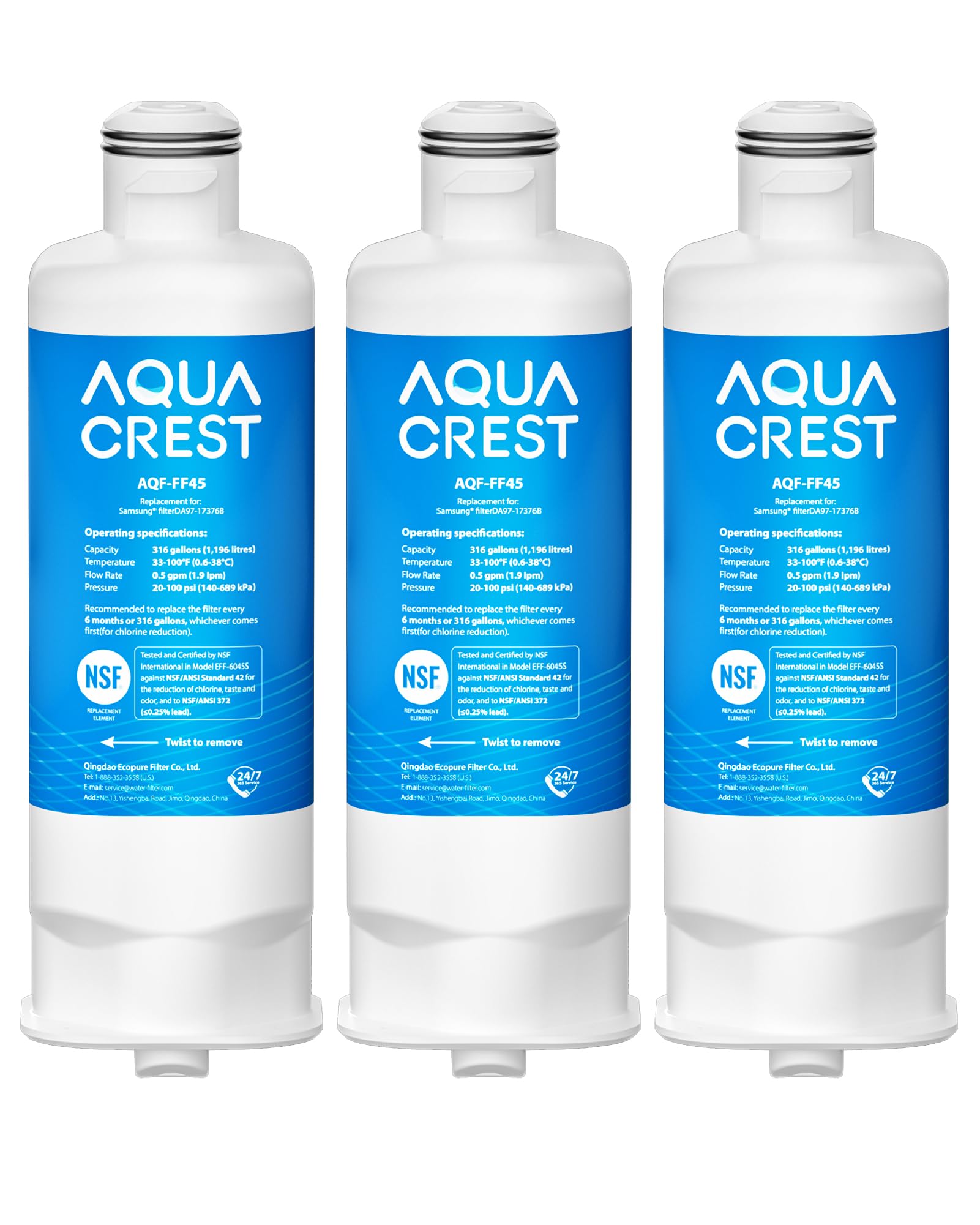 AQUA CREST HAF-Qin/EXP Replacement for Samsung® DA97-17376B, DA97-08006C, HAF-Qin, RS27T5200SR, RF28T5001SR, RF24R7201SR, RF28R6201SR, Refrigerator Water Filter (Pack of 3)