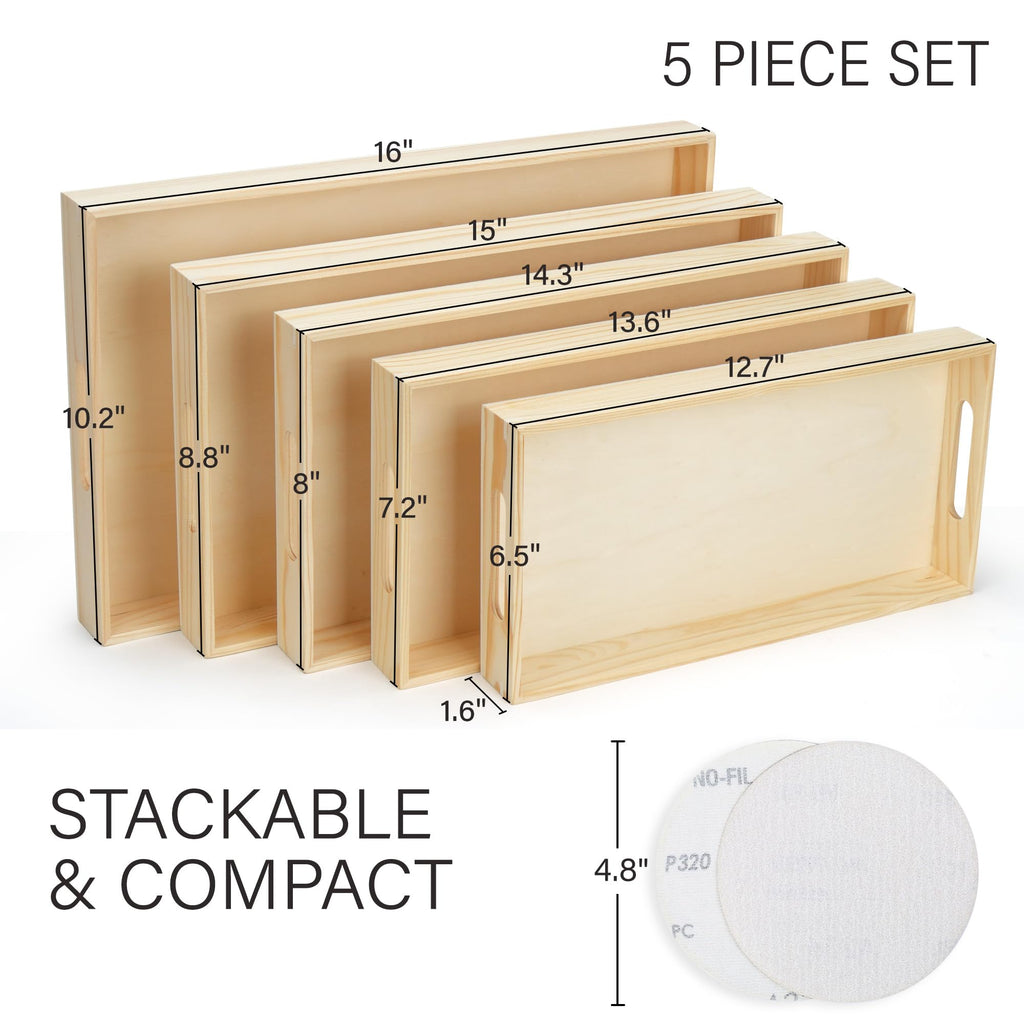 LotFancy 5PC Wooden Nested Serving Trays, Unfinished Natural Wood Trays with Handles, for Craft and Decor, Food Organizer for Breakfast, Lunch, Dinner