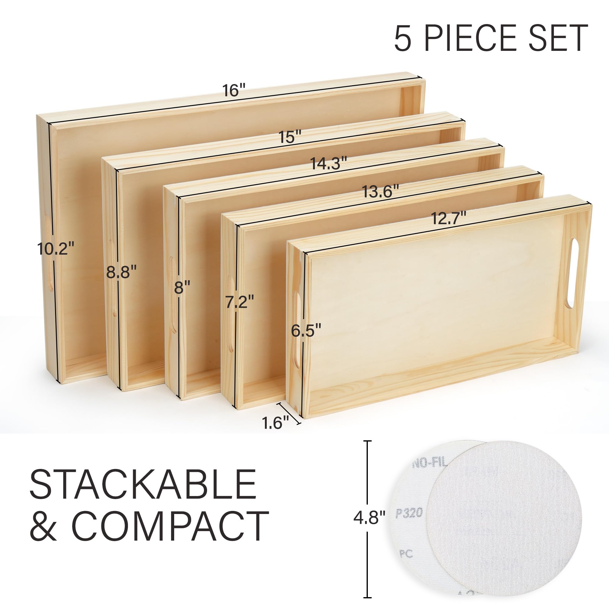 LotFancy 5PC Wooden Nested Serving Trays, Unfinished Natural Wood Trays with Handles, for Craft and Decor, Food Organizer for Breakfast, Lunch, Dinner