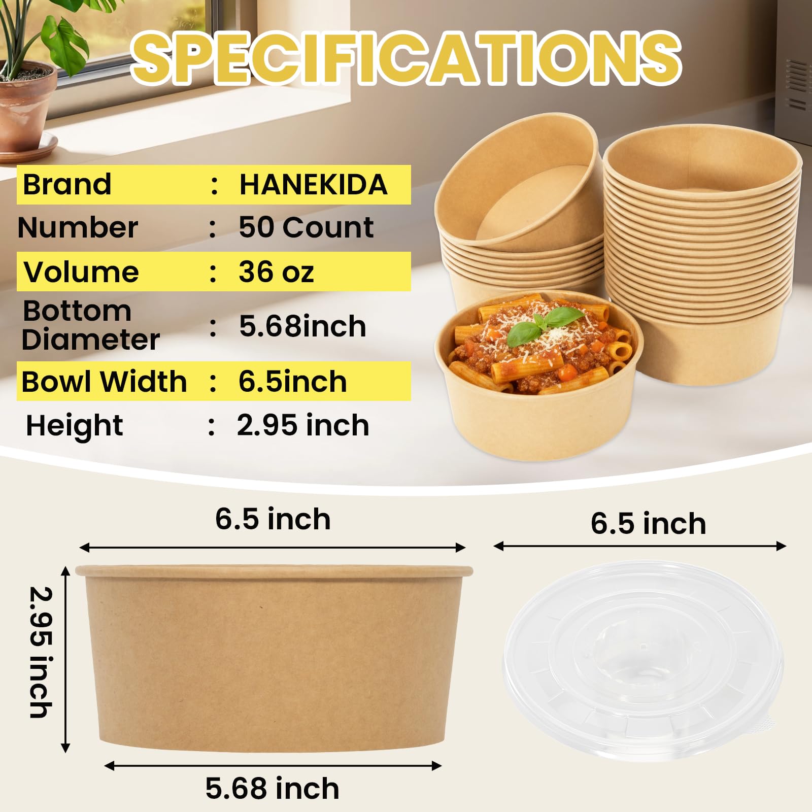 50 Count 36 oz Large Disposable Paper Bowls with Lids, Salad Containers for Lunch, Paper Meal Prep Containers for Hot & Cold Food, Soup, Ramen, Salad