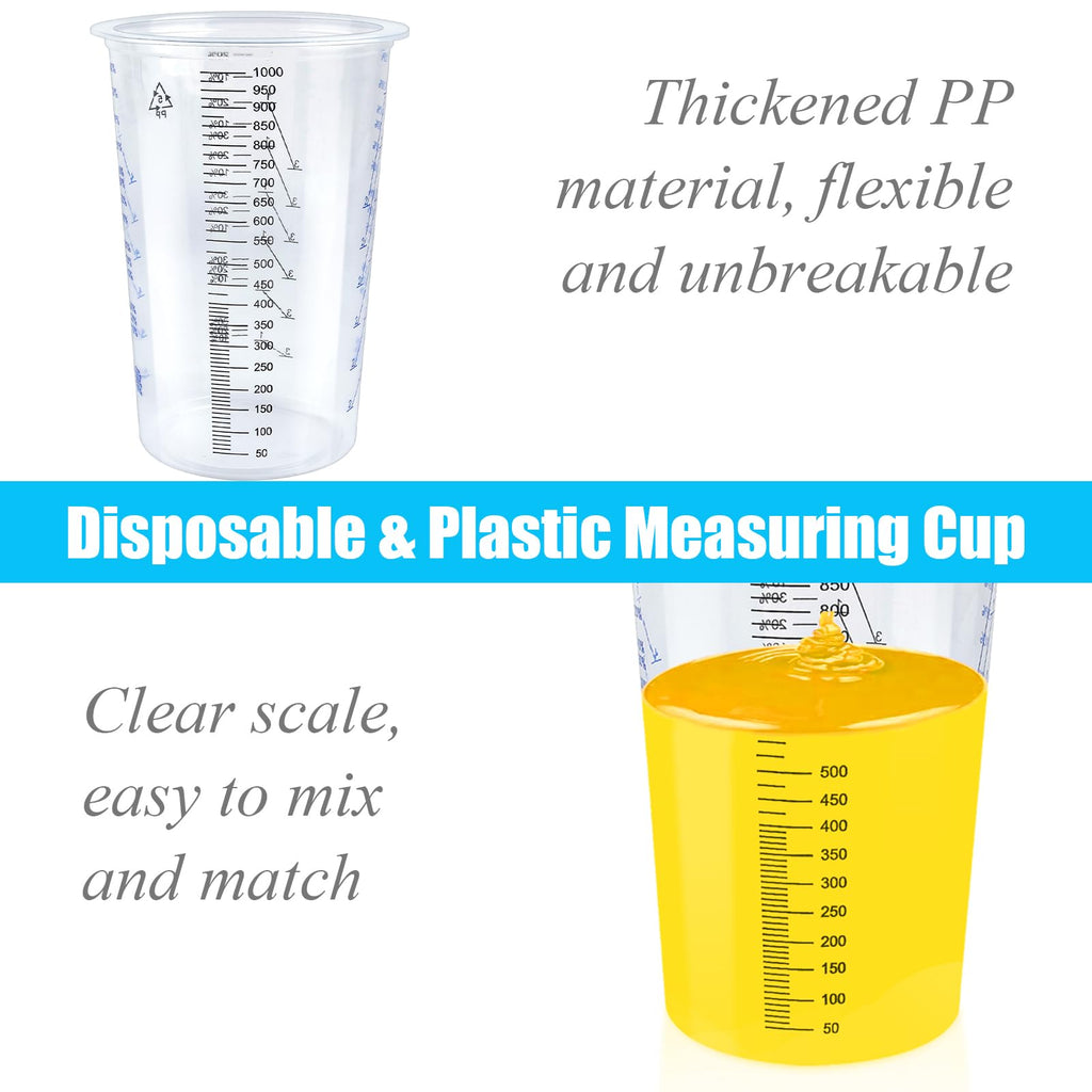 Worldity 30 Pack 1000 ML Plastic Measuring Cup, Disposable Graduated Cups, Clear Paint Mixing Cups for Resin, Mixing Cup with Multiple Mixing Ratios for Paint, Epoxy, Resin, Thinner, Baking (32 Oz)
