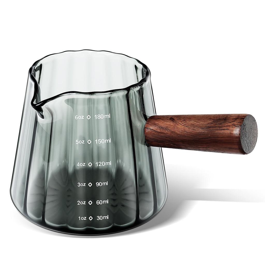 Joeyan 6 oz Grey Glass Measuring Cups with Spout,Borosilicate Glass Triple Pitcher with Scale,Origami Style Espresso Shot Glasses with Wood Handle for Coffee Milk,Dishwasher Safe