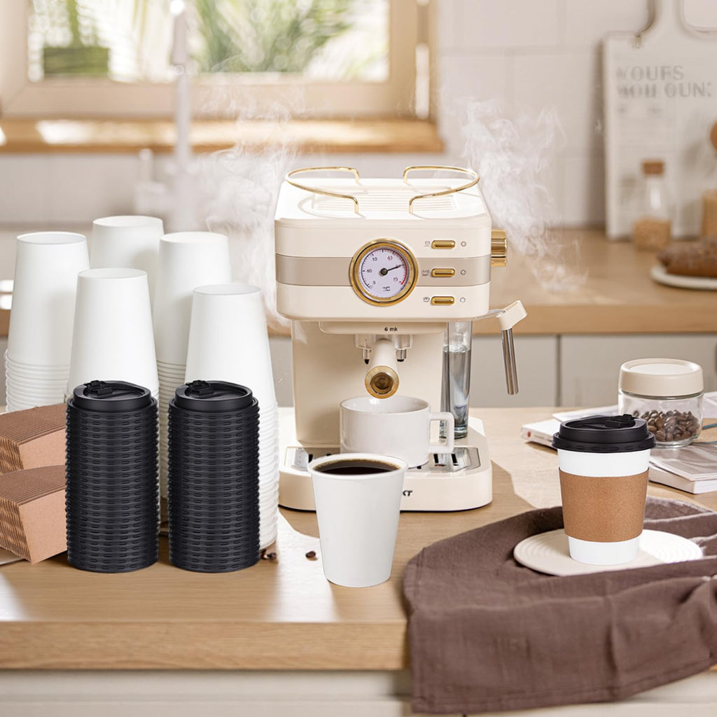 100 Pack 12oz Disposable Paper Coffee Cups with Lids & Sleeves, to Go Hot Coffee Cups for Tea Cocoa Chocolate Juice, Hot & Cold Drinking Paper Cup Bulk for Cafes Home Office Travels Parties