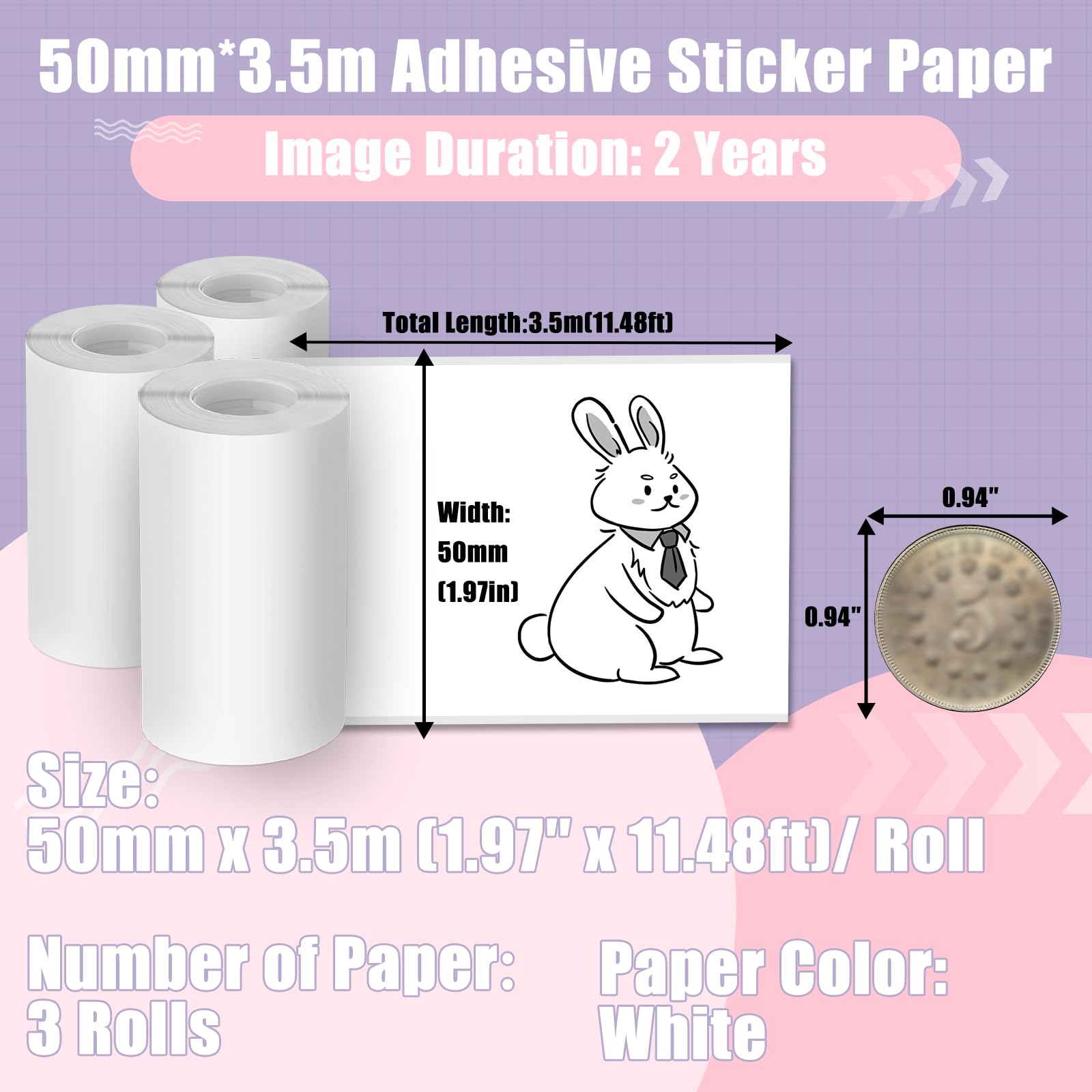 Memoking White Thermal Sticker Paper 50mm, Compatible with T02/M02/M04S/M04AS Mini Sticker Maker, HD Adhesive Thermal Printer Paper for Kids Suitable for Study Notes, List, Gift, 3.5m/Roll, 3 Rolls