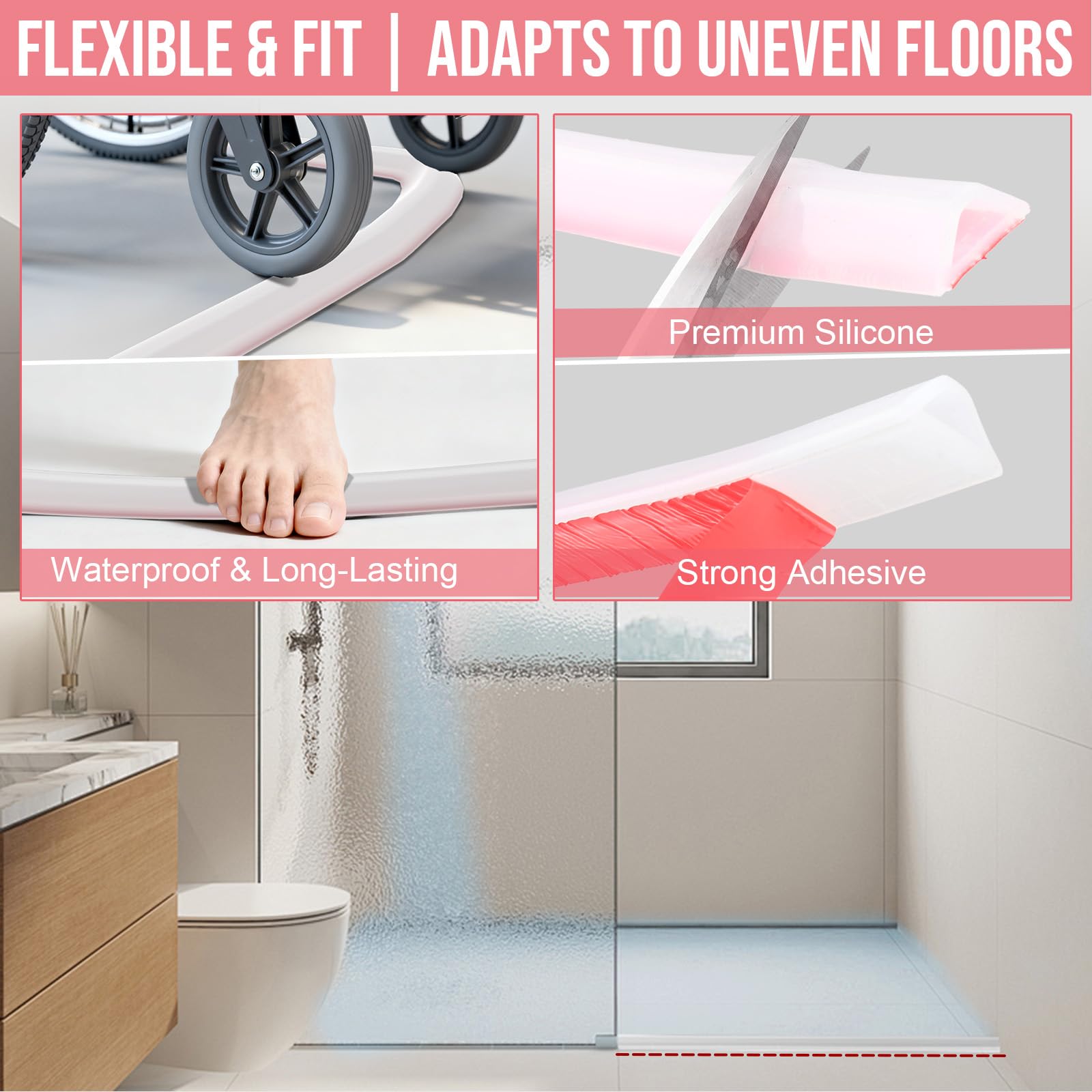Shower Threshold Water Dam Barrier, 98 Inch Self-Adhesive Shower Water Dam for Bathroom Floor Dry and Wet Separation, Installs in Minutes Fits Kitchen Sink, Bathroom Floor, Shower Tray Applications