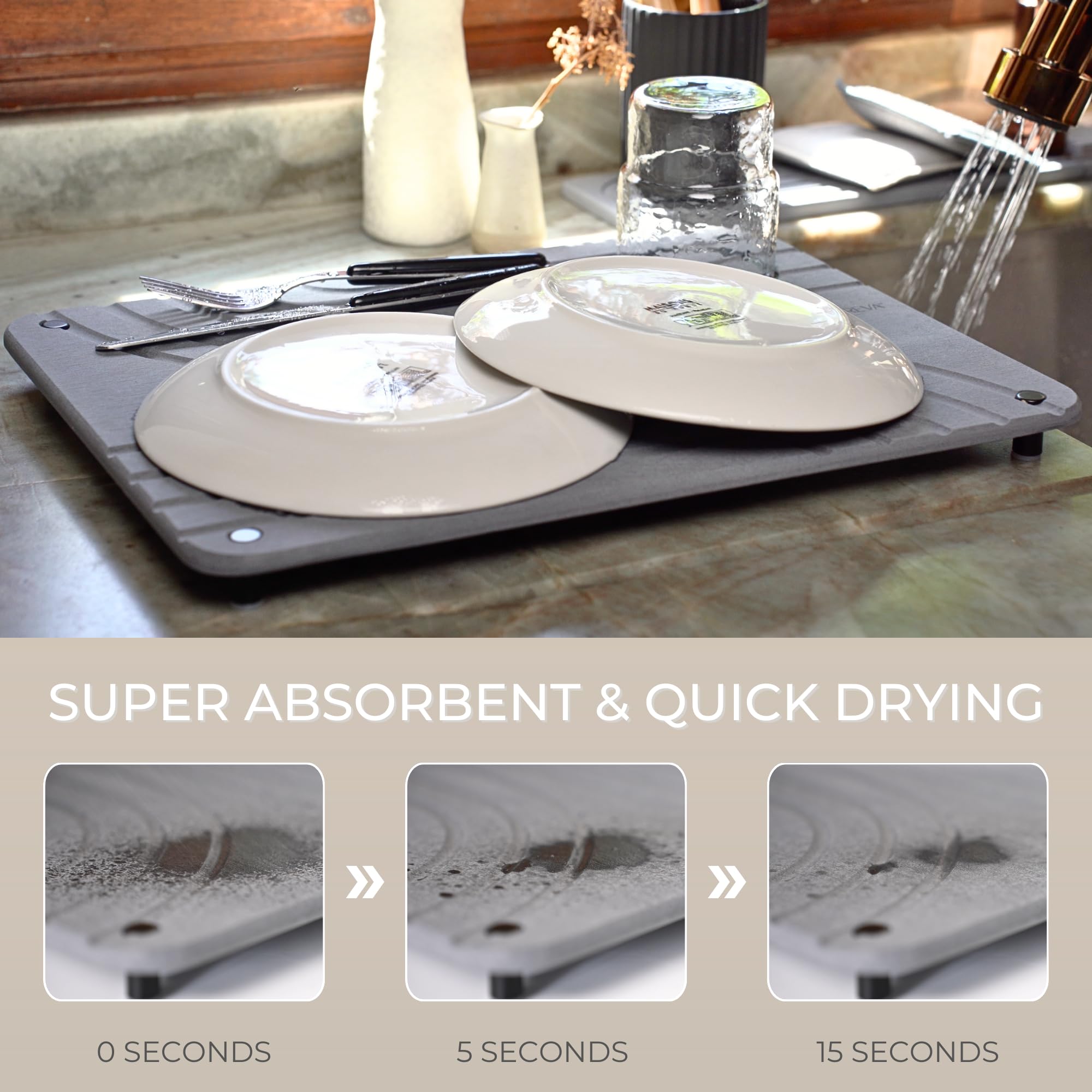 Natureva Stone Dish Drying Mat - Super Absorbent, Quick Dry Diatomite Mats for Kitchen Counter - Made of Natural Diatomaceous Earth Absorbing Water Instantly - Tide - Graphite