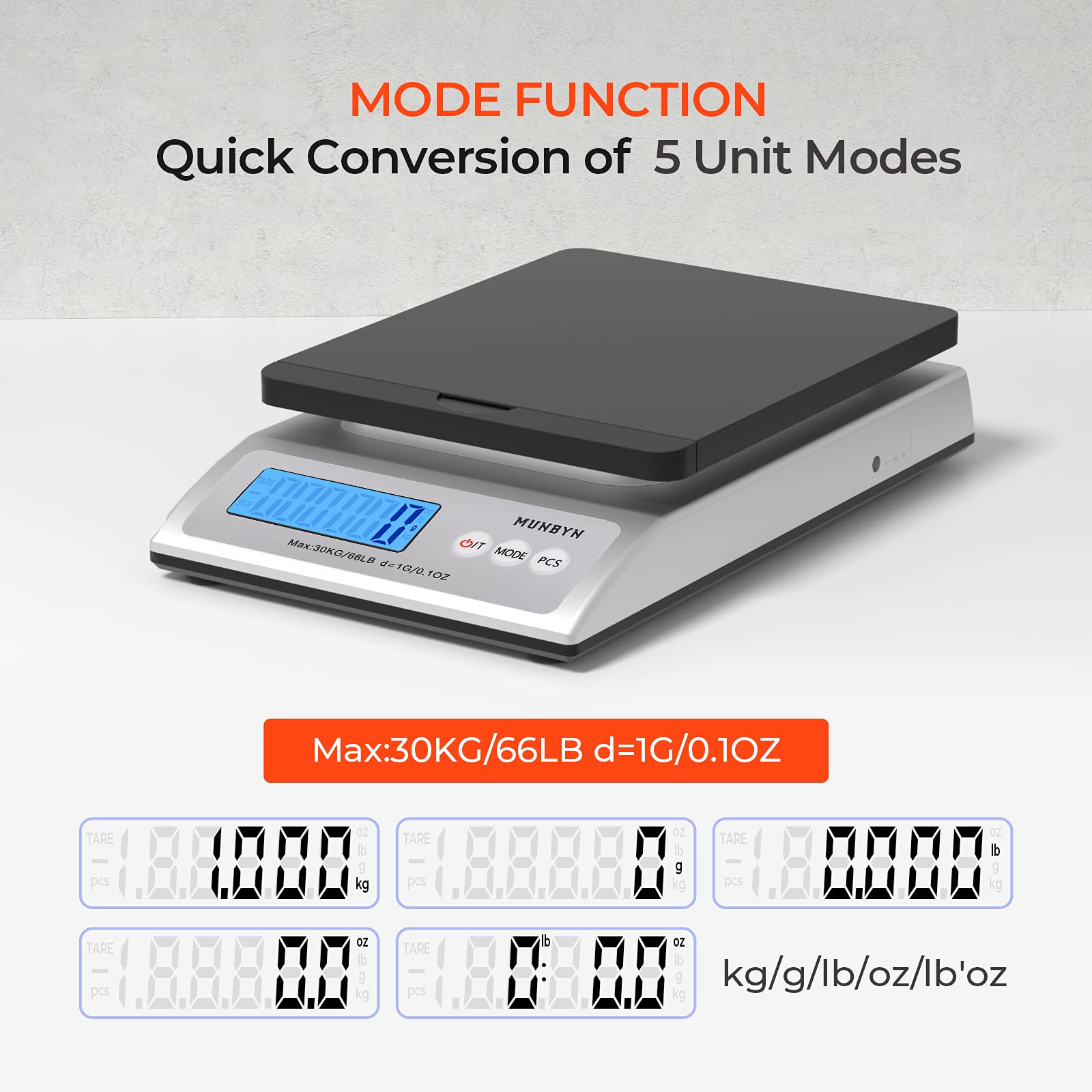 MUNBYN Digital Shipping Postal Scale, 30kg/66lbs, 1g Accuracy, Mail Scale for Packages, with Soft Tape Measure and Foldable Parcel Stand, Hold and Tear Function for Parcel Shipping Packet Postage
