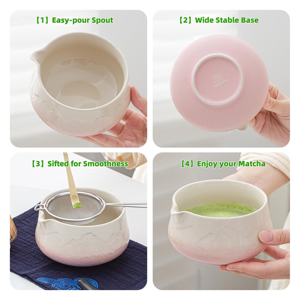TEANAGOO Matcha Set Pink, 7 Pcs Matcha Whisk Set, Matcha Kit for Ceremony, Tradition Tea Set for Making Breakfast/Latte, Matcha Whisk Set with Bowl(Chawan)/Whisk and Holder, Gift for Family/Friend