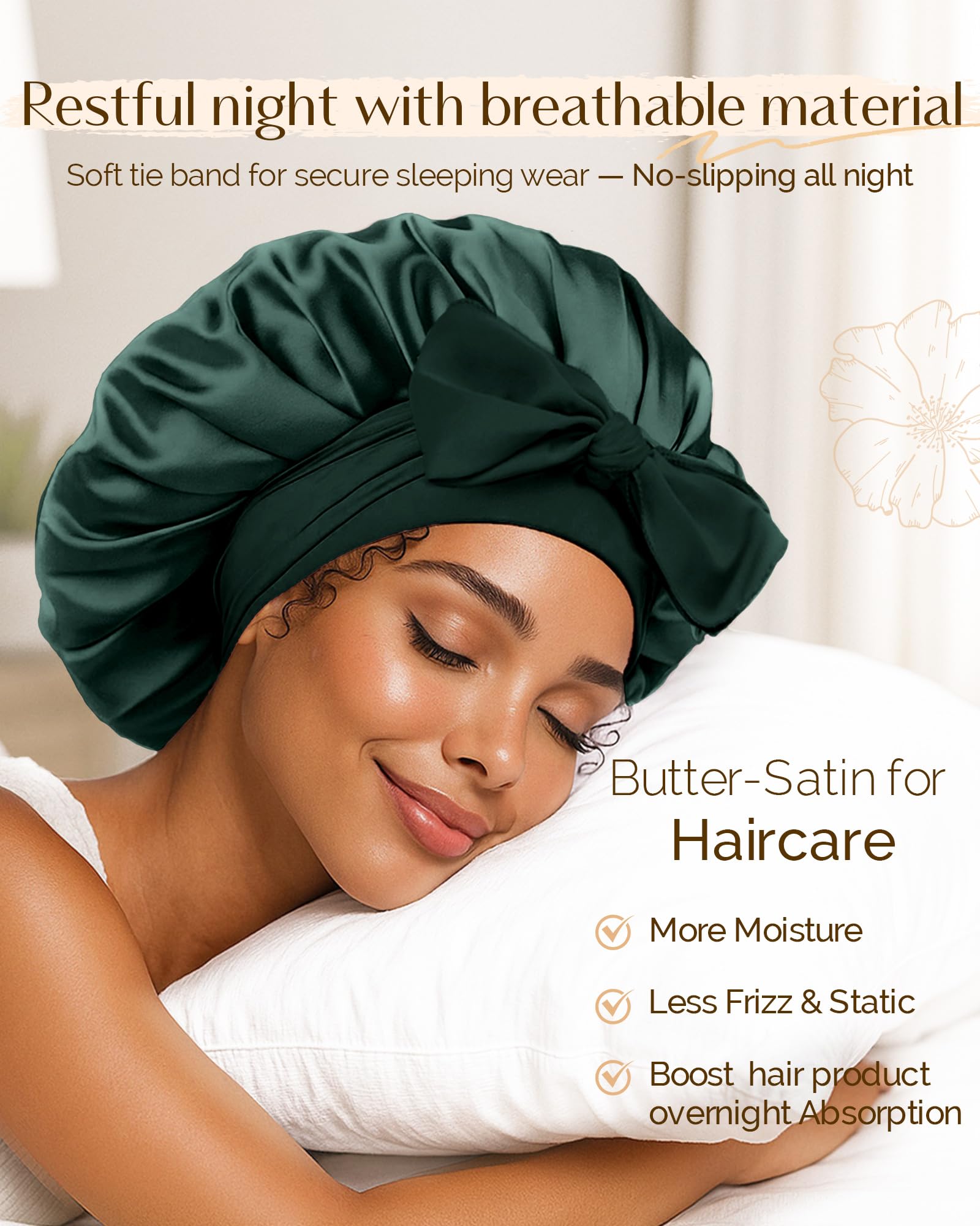YANIBEST Silk Satin Bonnet for Sleeping Double Layer Hair Bonnet with Elastic Tie Band for Curly Natural Hair
