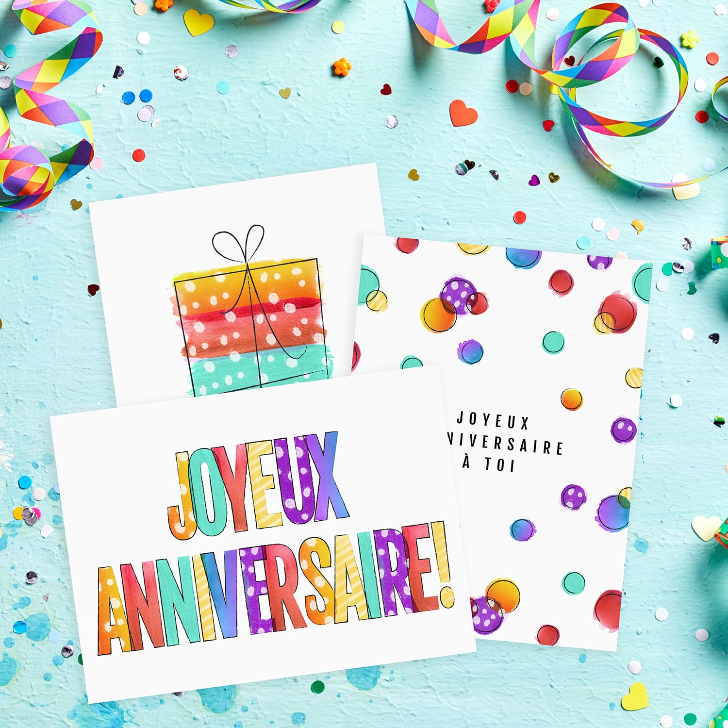 Modern Vibrant Watercolor Style Birthday Card Set / 24 Bright French Canadian Salutations D'anniversaire 4 5/8" x 6 1/4" Greeting Cards With White Envelopes / 6 Colorful Joyeux Anniversaire Designs / Made In Canada