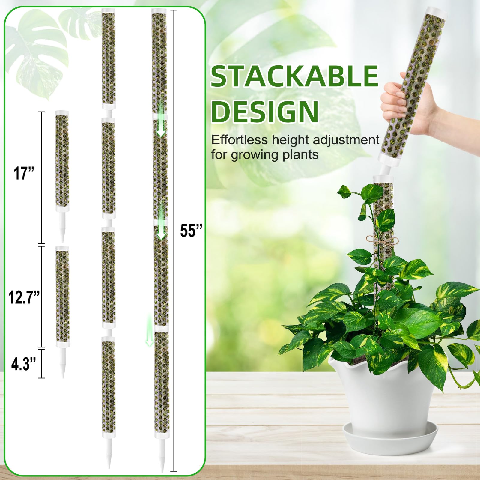 Fabulas 55 Inch Moss Pole Monstera Plant Support, 4 Pack 17 Inch Plant Support Stakes for Indoor Climbing, Stackable Sphagnum Moss Pole Sticks for Garden Potted Planter, Pothos, Philodendron