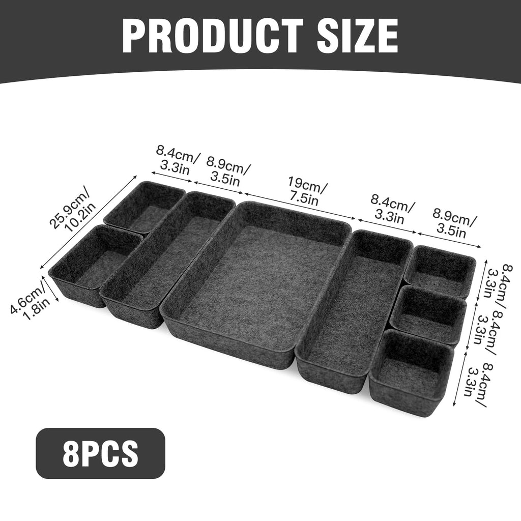 Pack of 8 Felt Drawer Organiser,Stackable Felt Storage Boxes,felt organizers,Drawer Organiser System,Dressing Table Organiser,drawer dividers for Desk,Bedside Table,Cupboard (Dark Grey)