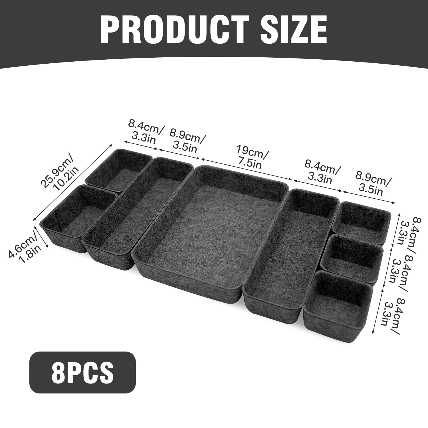 Pack of 8 Felt Drawer Organiser,Stackable Felt Storage Boxes,felt organizers,Drawer Organiser System,Dressing Table Organiser,drawer dividers for Desk,Bedside Table,Cupboard (Dark Grey)