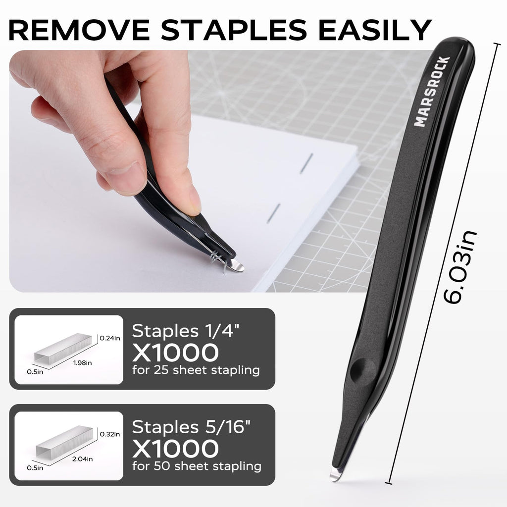 Effortless Stapler for Desk with 40-50 Sheet Capacity, 2000 Staples, 1-Touch Stapling, Ergonomic & Easy to Load Desktop Staplers, Heavy Duty Stapler, and Magnetic Staple Remover, Black