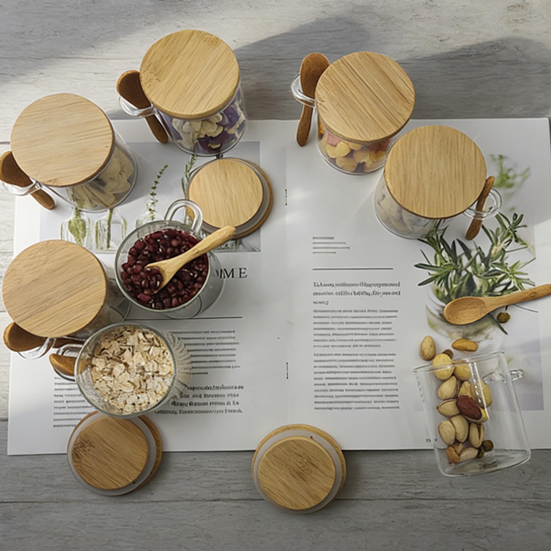 Livejun 7.6 oz Airtight Mini Glass Jars with Bamboo Lids and Bamboo Spoons, Spice Jars Small Food Storage Containers for Kitchen, Bathroom, Home Decor Set of 8