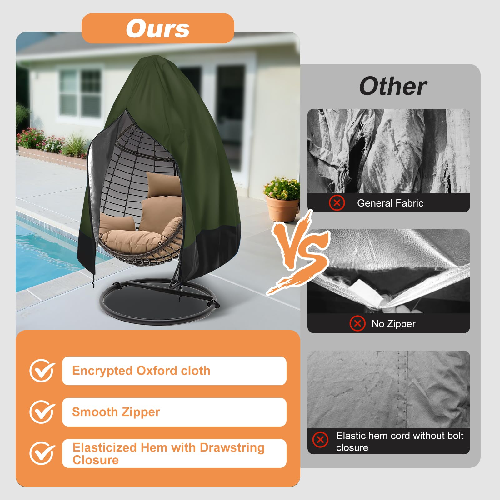 Impulja Patio Egg Chair Cover with Zipper, Heavy Duty 420D Oxford Outdoor Hanging Egg Chair Cover, Waterproof UV Resistant Windproof, Wicker Swing Egg Chair Cover, Fits 75"H x 45"W(Green)