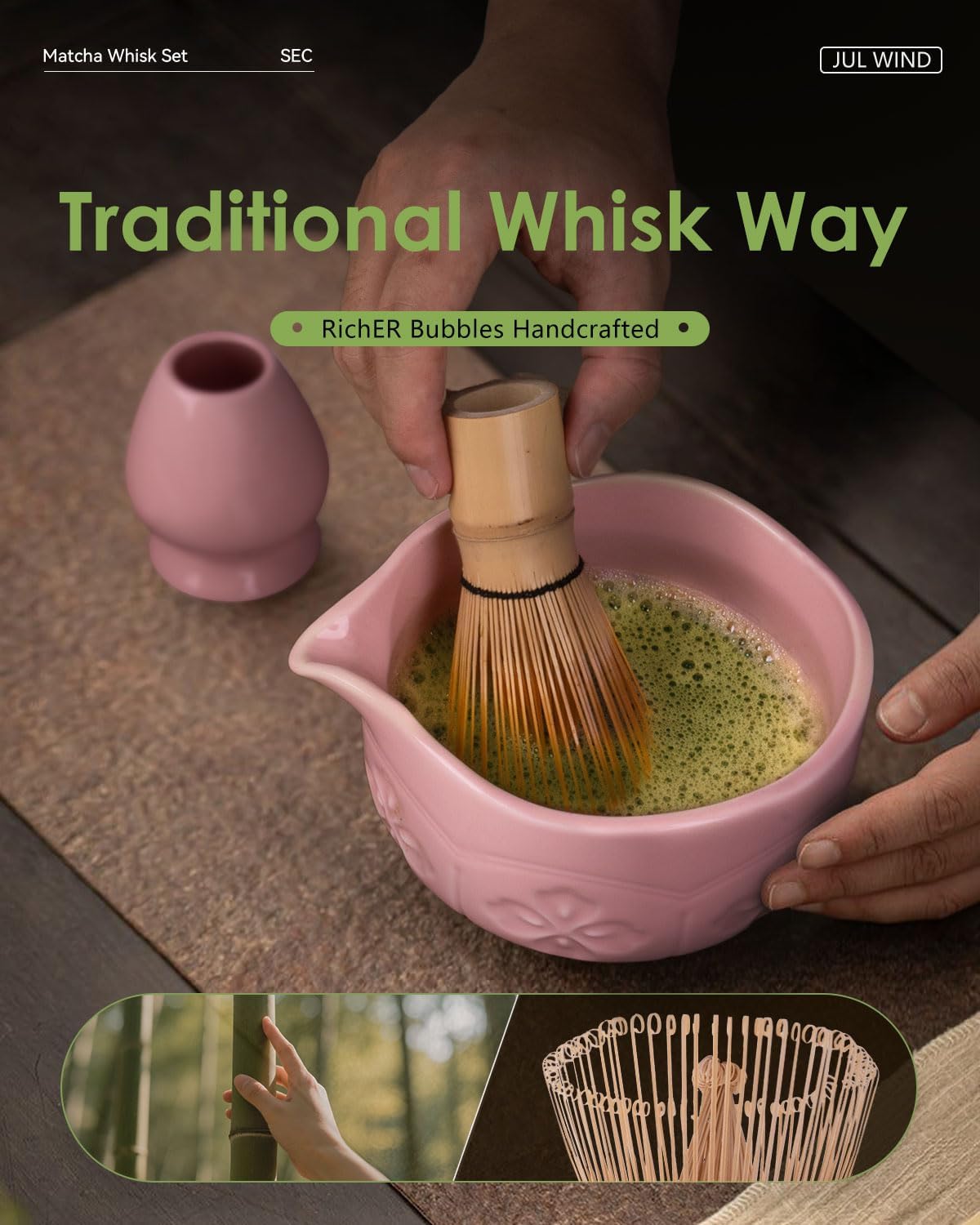Matcha Whisk Set, Ceramic Matcha Set Includes Matcha Bowl with Spout, Matcha Whisk and Holder,Matcha Kit Gift for Matcha Lovers Beginners (Pink, 6Pcs/Set)