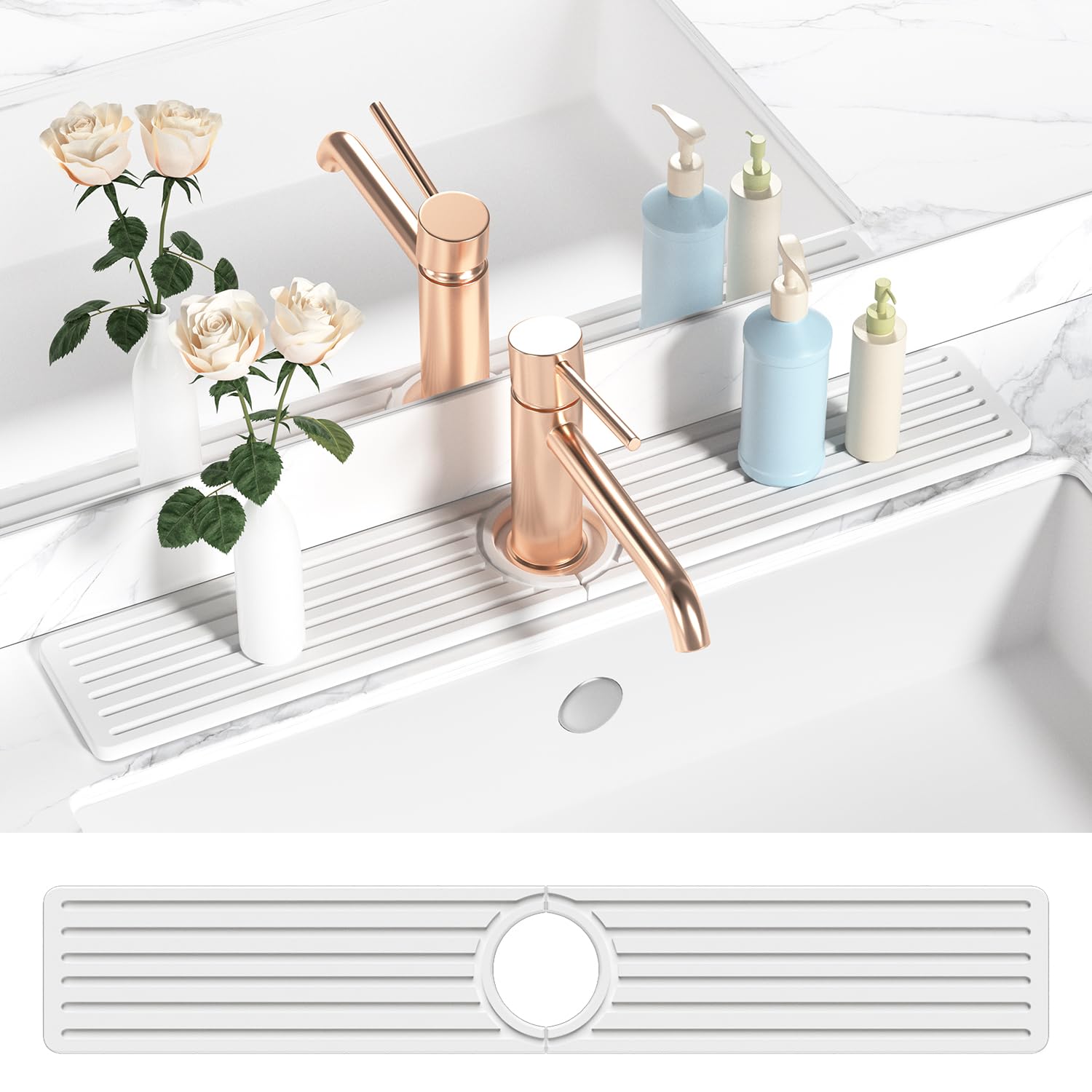 Diatomite Faucet Mat for Kitchen Sink with Raised Pads & Cleaning Brush, Super Absorbent Fast Drying Stone Sink Tray, Splash Guard Protector Mat for Bathroom Counter (White, 23.6" x 3.9")