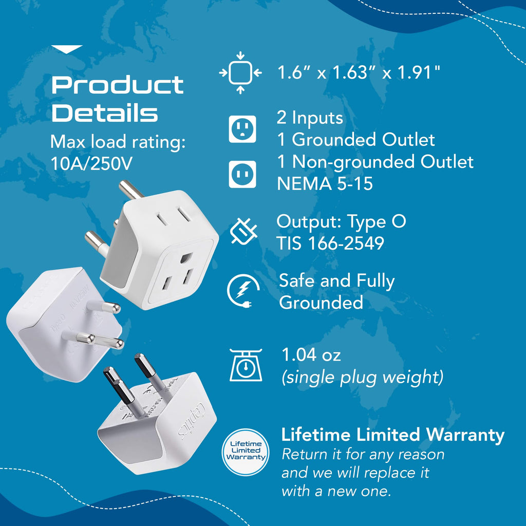 Ceptics Canada to Thailand Travel Adapter (Type O) - Dual Input - Ultra Compact - Charge your Cell Phone, Laptops, Tablets (CT-18, 3 Pack)