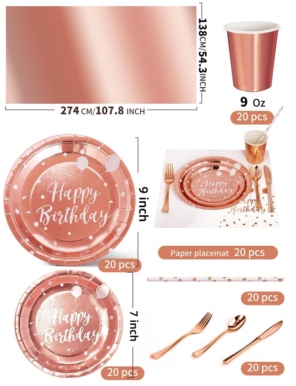 Nkaiso Birthday Party Tableware, 161 Pieces Rose Gold Party Supplies, Party Dinnerware Sets Include Paper Plates Napkins Cups Silverware, for Shower Engagement Parties Decoration -20 Serves