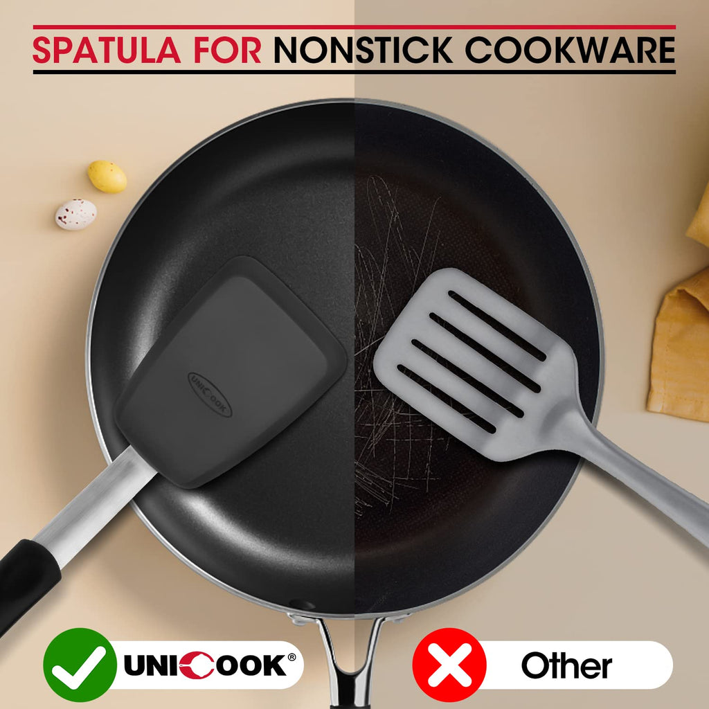 Unicook 2 Pack Flexible Silicone Spatula Flipper, Silicone Kitchen Cooking Utensil Set, Ustensile de Cuisine Turner 600F Heat Resistant, Ideal for Flipping Eggs, Burgers, Crepes and More, Black