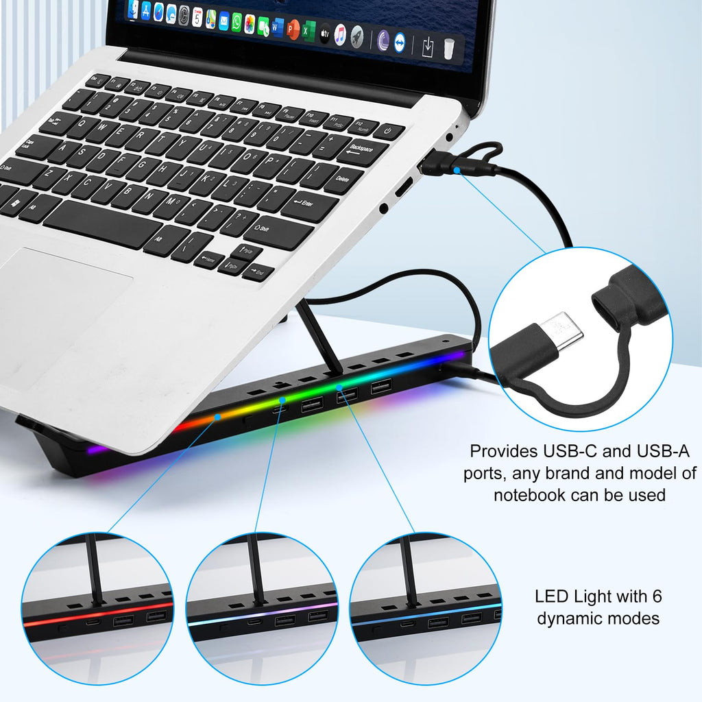 Laptop Stand for Desk, Aluminum Computer Stand with USB-A、USB-C and RGB Lights, Adjustable Foldable Portable Notebook Stand, Multi-Functional Laptop Riser with Additional Ports