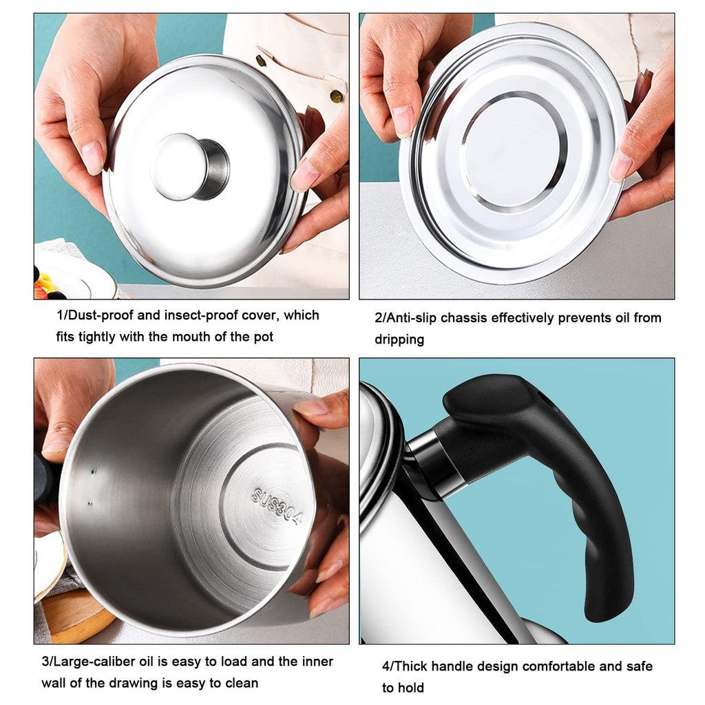 1.3L Oil Strainer Pot, Stainless Steel Bacon Grease Container with Strainer & Lid, Silver Cooking Oil Storage Can Container, Kitchen Oil Fat Storage Fat Tank Pot for Frying Oil and Cooking Grease