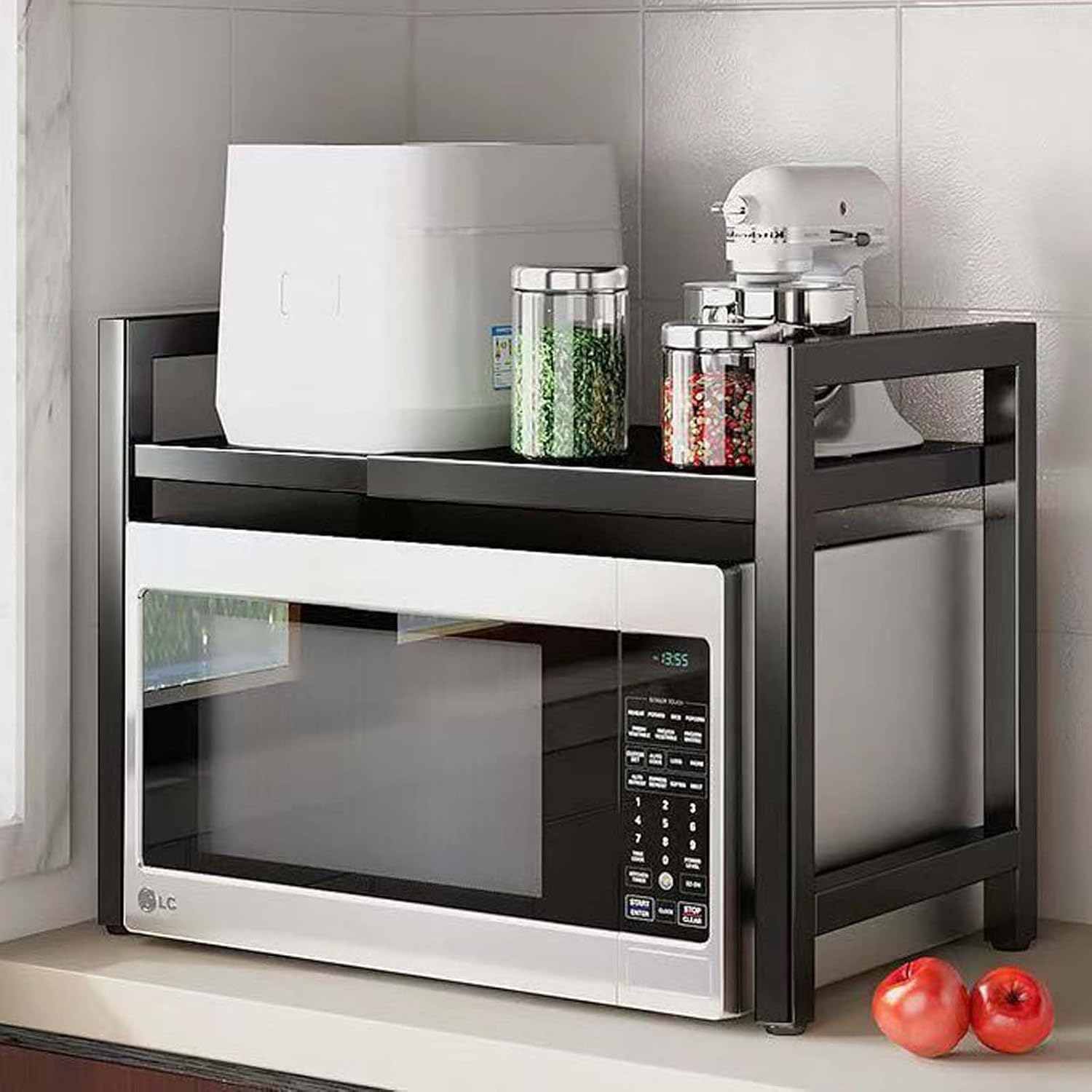 LUCKY KVW Microwave Oven Rack, Adjustable Shelf with 6 Hooks, Extendable Kitchen Microwave Stand with Storage