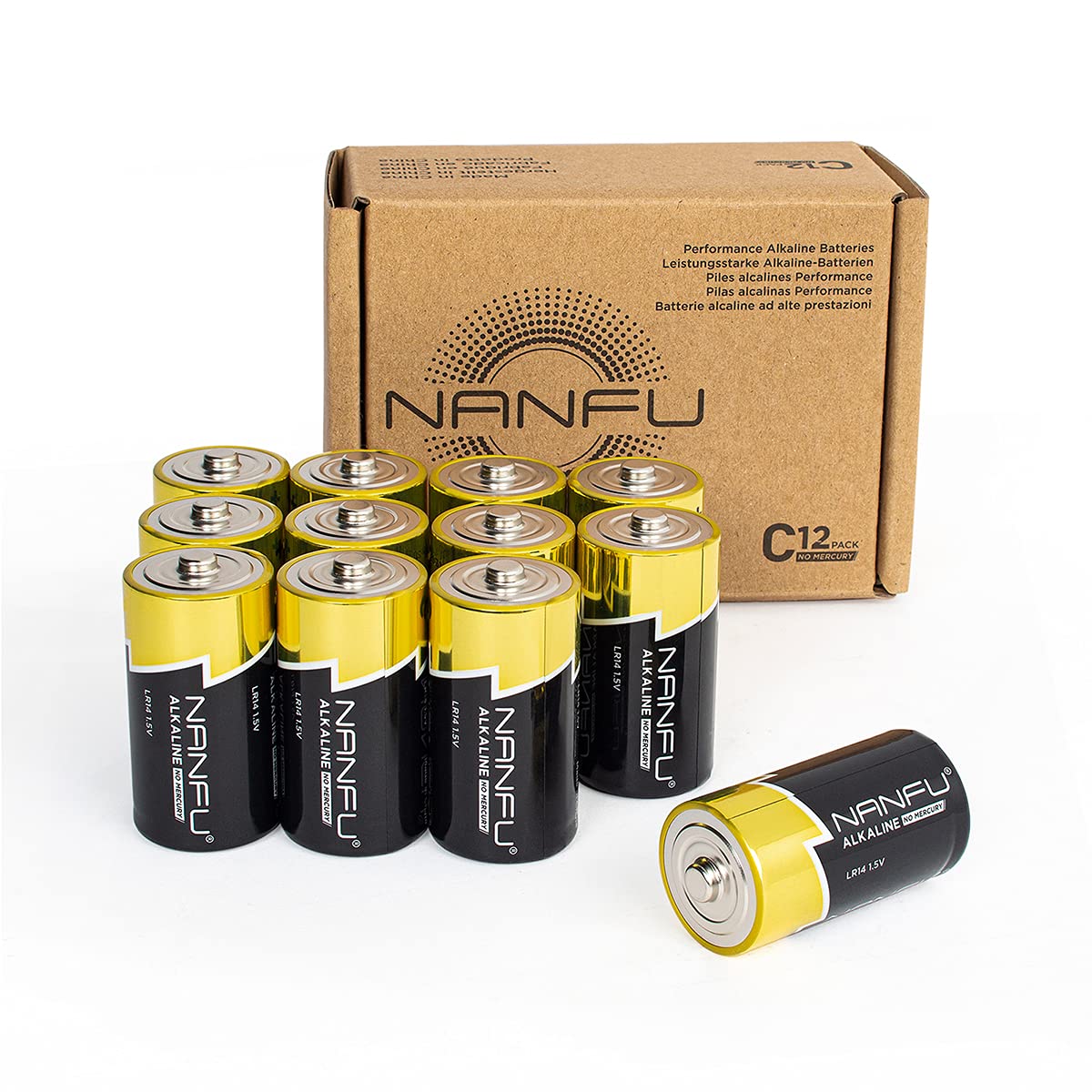 NANFU 12 Pack C Cell All-Purpose Alkaline LR14 1.5V Battery, 7400mAh High Capacity, 10-Year Shelf Life, Leak-Proof, Long-Lasting Power for Household & Business Devices