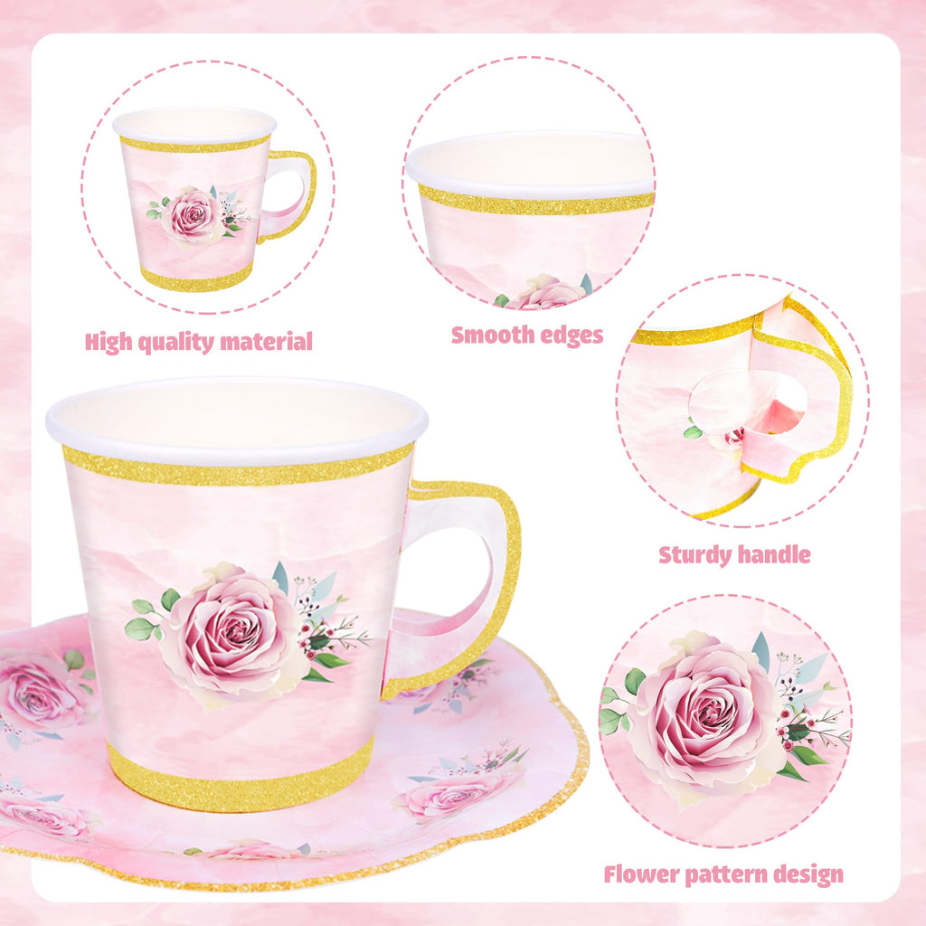 Pink Floral Disposable Paper Tea Cups and Plates Set of 100 with Gold Rim for Hot and Cold Drinks for Wedding, Birthday, Baby Shower, Tea Party, Tea Party Supplies for 50