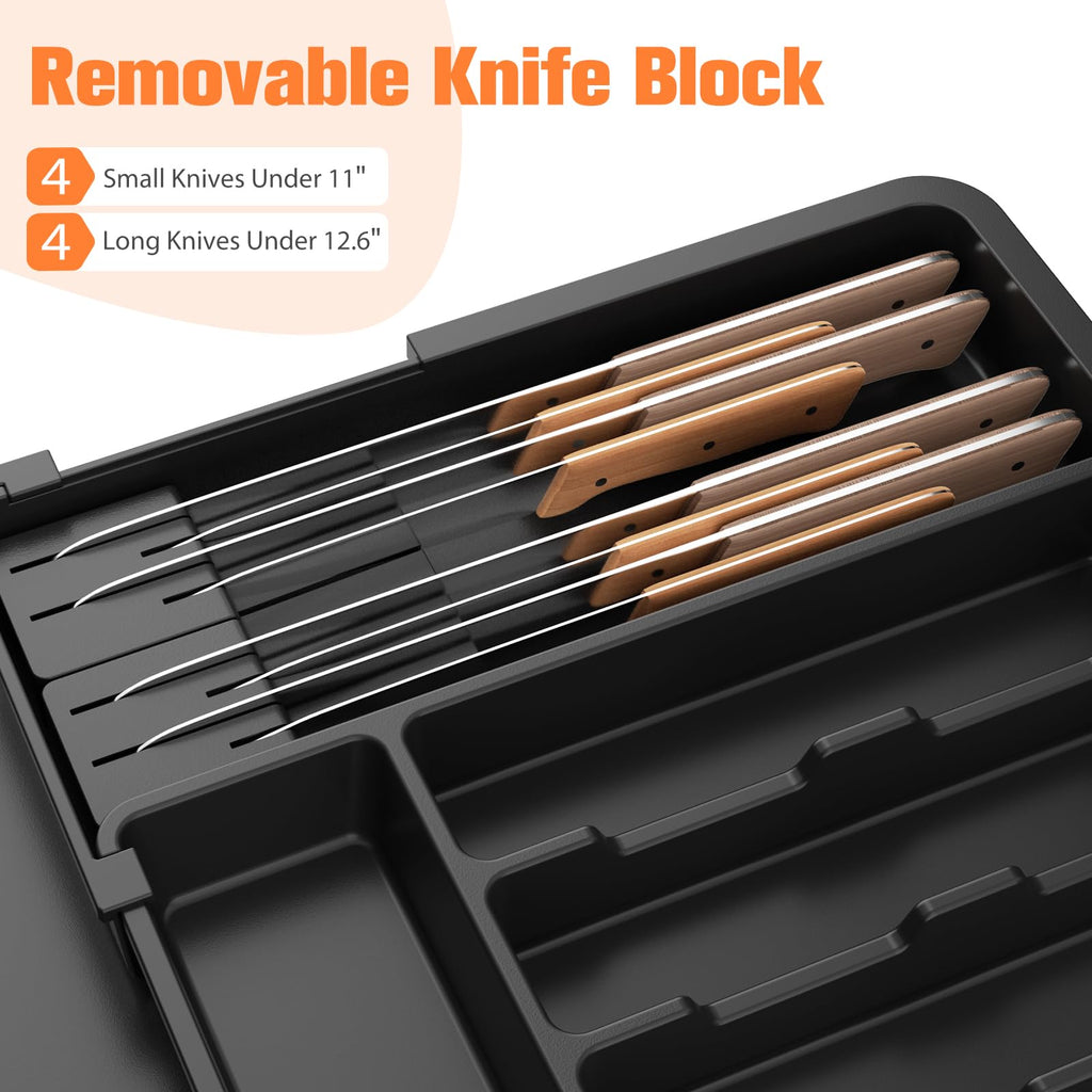 Ceecysaa Cutlery Organizer with 2 Removable Knife Blocks, Expandable Utensil Tray,Adjustable Cutlery Tray Drawer Organizer for Spoons, Knives, Kitchen Organizers and Storage,ABS,Black(6-9 Slots)