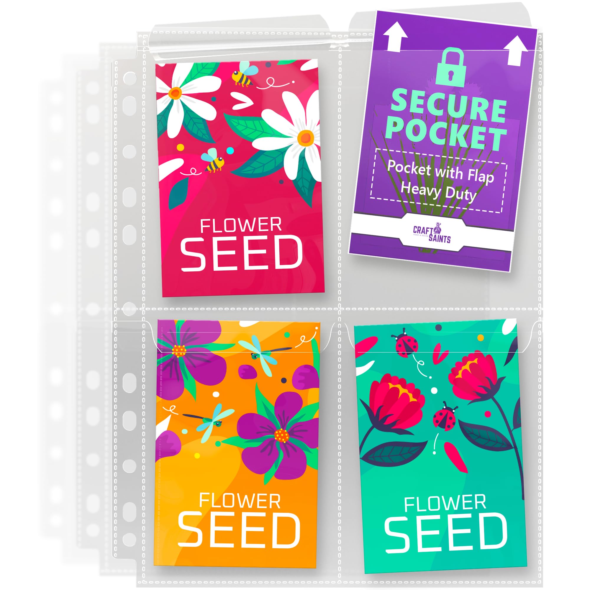 160 Pockets Spill-Proof Top Closure Seed Storage Organizer Sleeves (40 Pack) Heavy Duty 4 Pocket Garden Seed Organizer, Slot Size 3.5x5 Clear Sleeves for Seed Packet Storage, Seed Keeper, Seed Binder