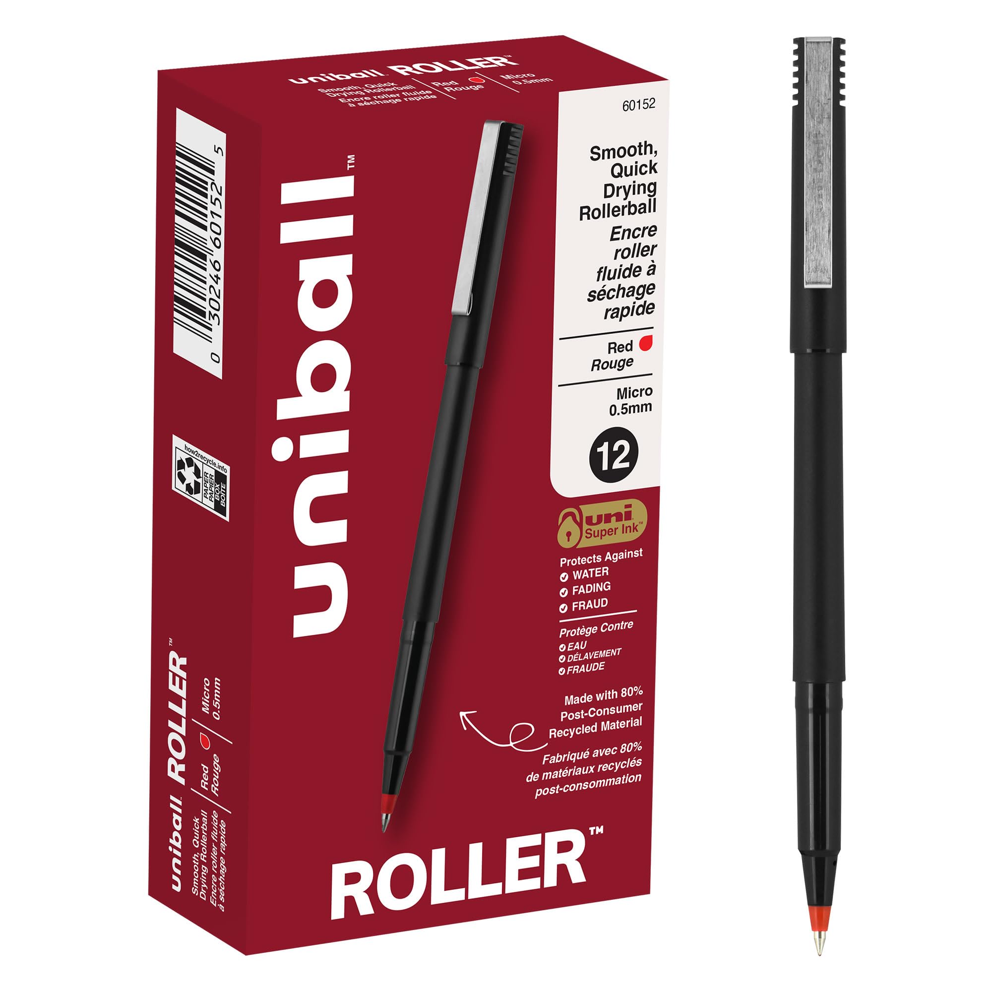 uni-ball Roller Rollerball, Stick Roller Ball Pen Micro-0.5mm, 12 Pack, Red Ink (60152)