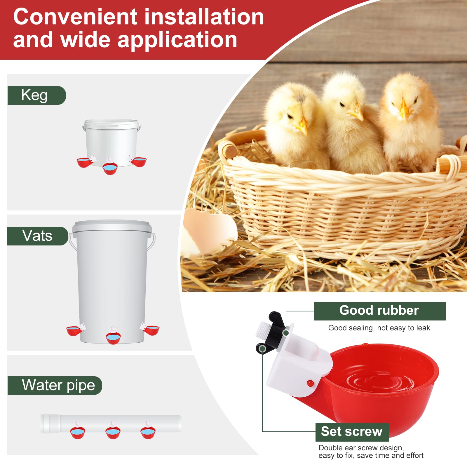 Psarnuk Chicken Waterer Cups (8 Pack/Red) - DIY Automatic Large Chicken Water Feeder for Ducks,Chicks, Turkeys, Quail, Bunny, Bird and Other Various Poultry Dispenser with Matching Drill