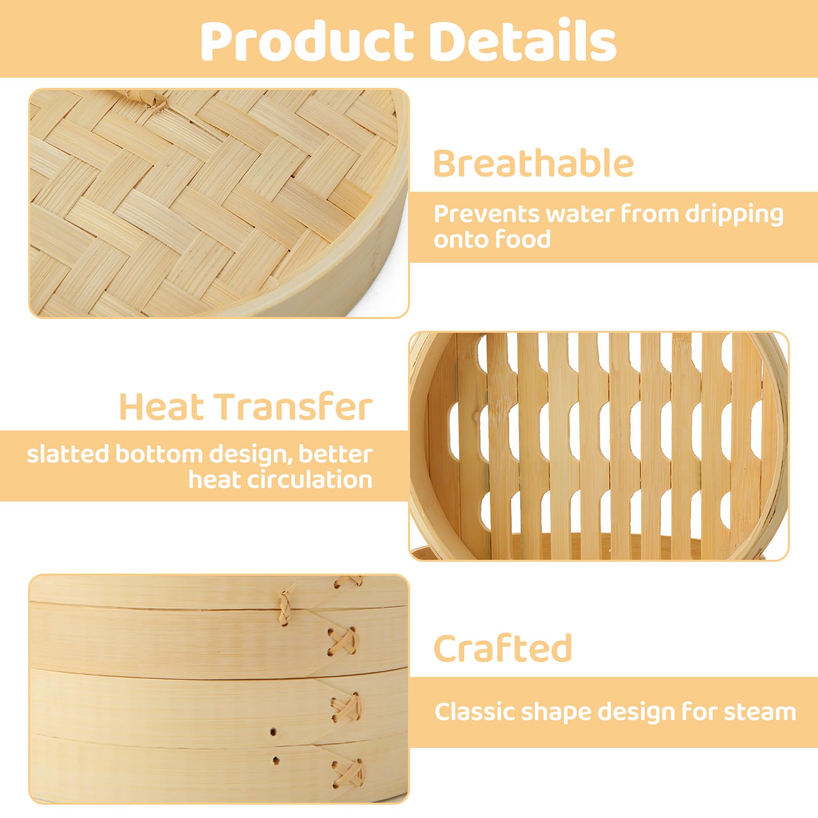 QTLCOHD Bamboo Steamer 8 Inch 3 Tier Dumpling Steamer Basket for Cooking Small Food Steamers for Dim Sum Bao Bun Rice Vegetable
