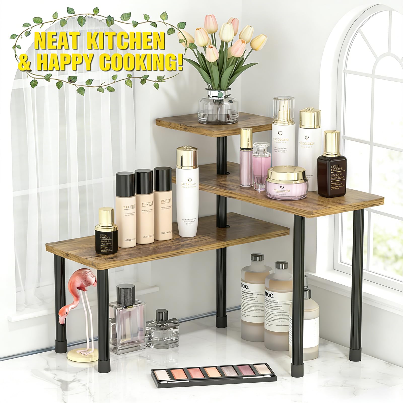 3 Tier Moveable Corner Shelf Organizer for Kitchen, Bathroom, Spice Rack, Coffee Area, over Sink, Dresser Table, Countertop Storage Rack (Rustic Brown)