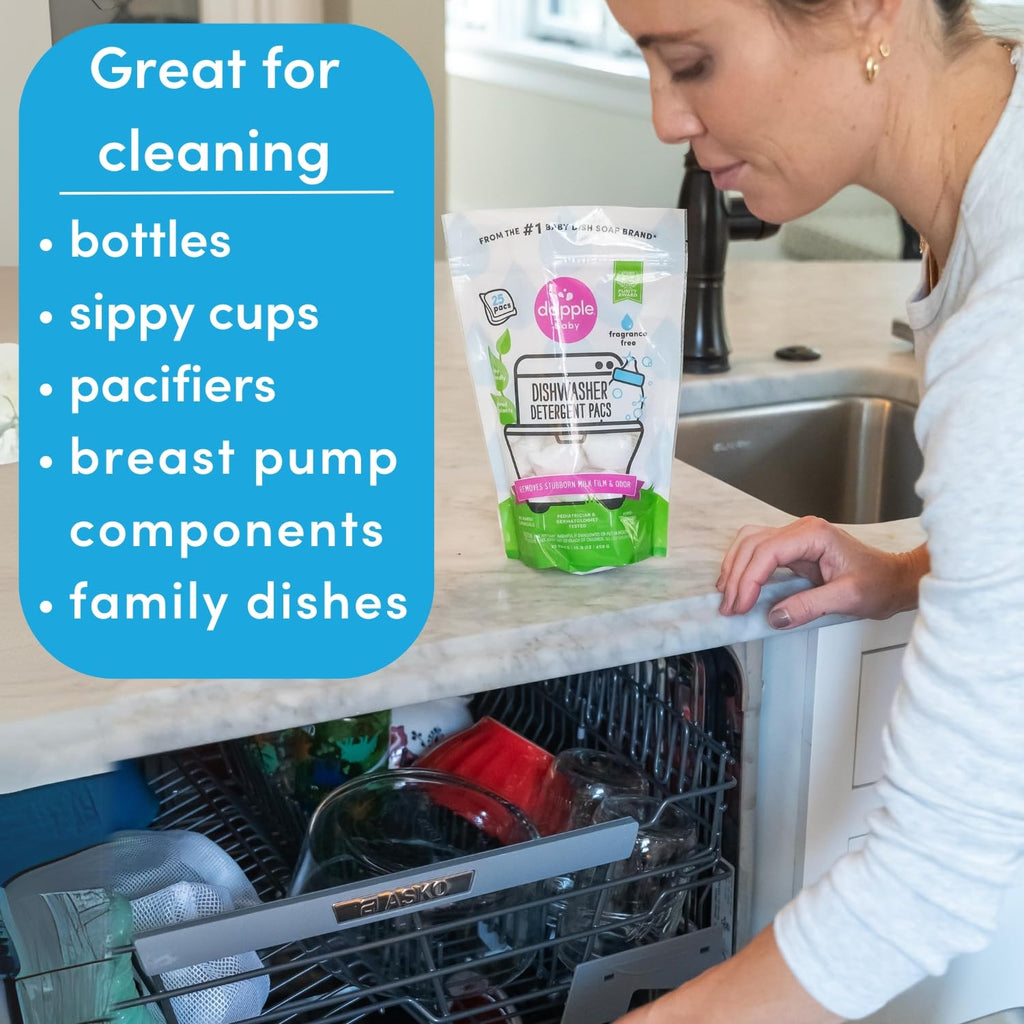 Dapple Baby Dishwasher Pods, Fragrance Free, Sulfate-Free, Hypoallergenic, Removes Milk Residue & Odor on Dishes, Baby Bottles & Kitchenware, 50 Count