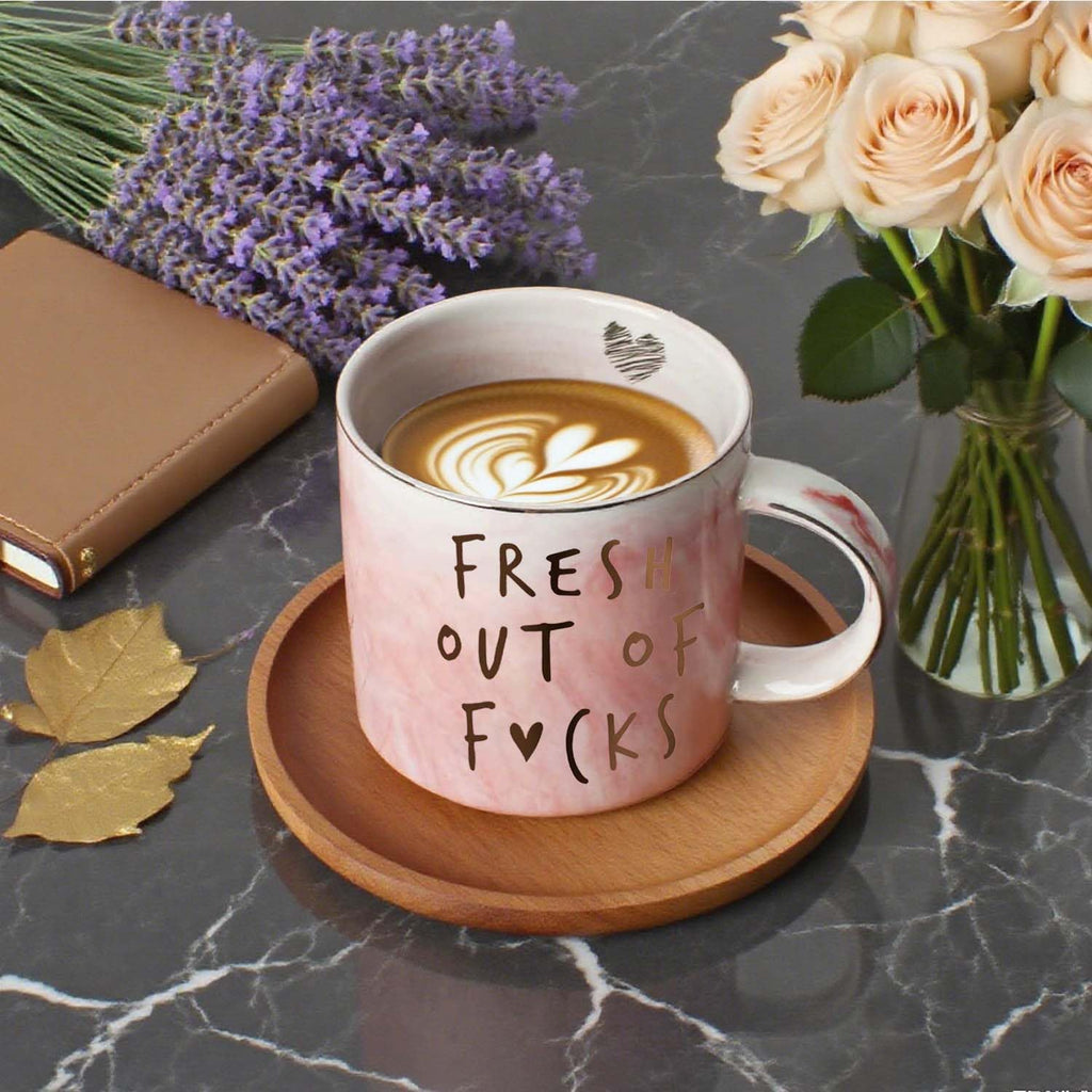Funny Coffee Mugs Gifts for Women - Sarcastic Novelty Cups Gag Gift for Friends, Coworkers, Boss, Employee, Human Resources - Fresh Out of - Inappropriate Cute Pink Marble Mug, 12oz Coffee Cup