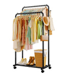 Sakugi Clothing Rack - Double-Rod Coat Rack with Hooks & 4 Universal Wheels, Movable Metal Clothes Rack with Mesh Shelf for Clothes Storage, 73 x 42 x 150 cm, Black