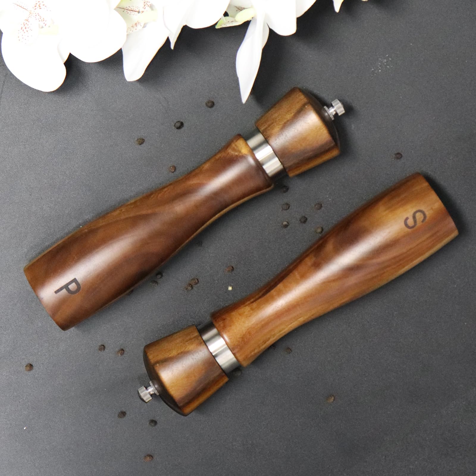 2 Pack Salt and Pepper Grinder Set, Acacia Salt and Pepper Mills Wood Salt Shaker with Ceramic/Stainless Steel Core, Modern and Elegant Wooden Salt and Pepper Mill Set Gifts for Housewarming Kitchen