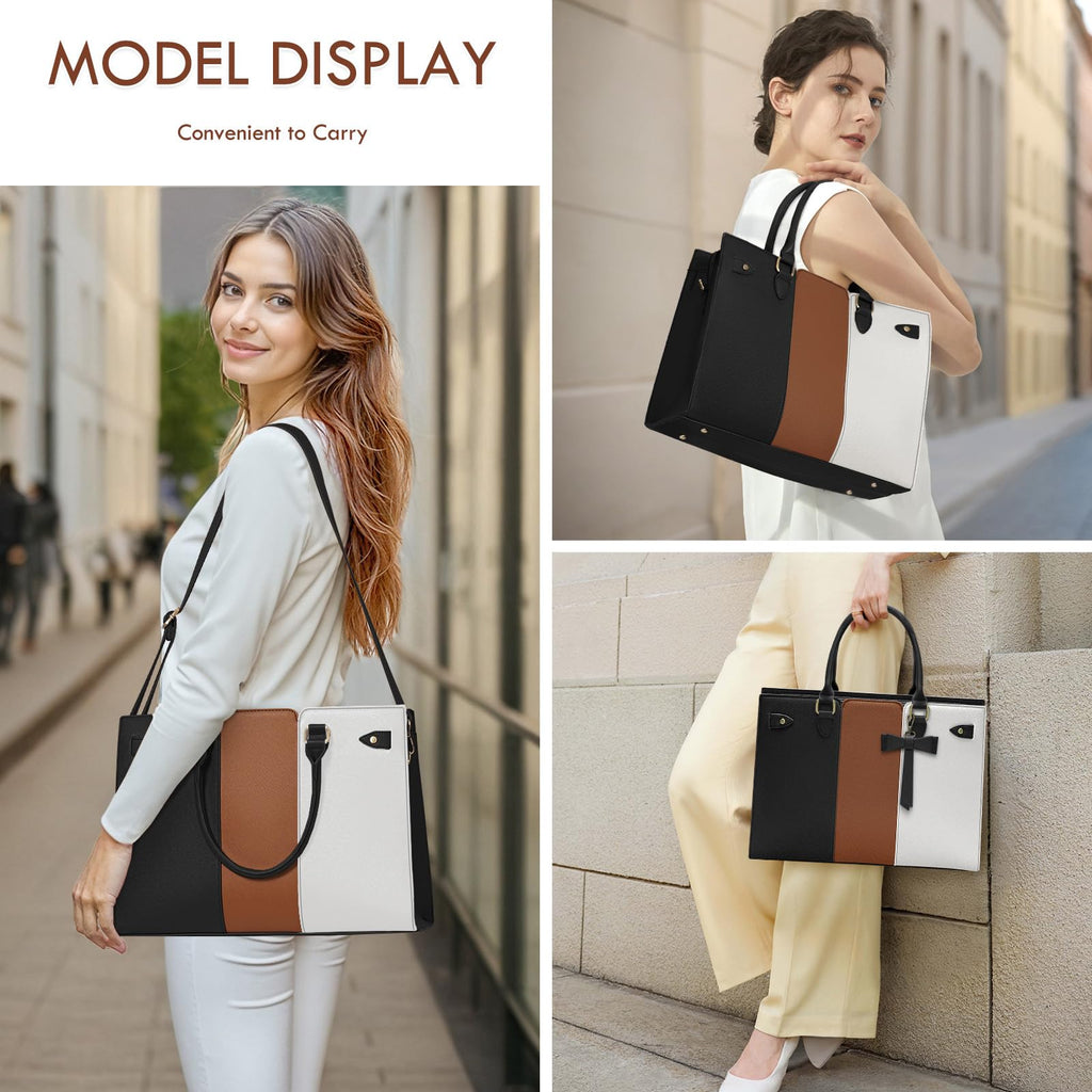 RAINSMORE Elegant Laptop Tote Bag Women 15.6 Inch PU Vegan Leather Computer Work Shoulder Bag Waterproof Briefcase For Business Casual Office Nurse Crossbody Bag With Bow Black & White & Brown