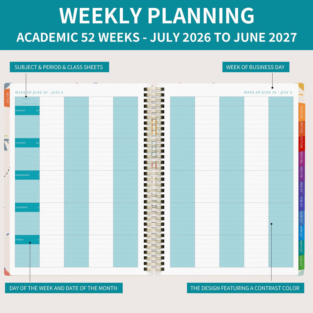 Teacher Planner 2026-2027 Academic Lesson Planner,July 2026 to June 2027, 8.5" x 11" Lesson Plan Book, Weekly and Monthly Academic Planner with Colourful Monthly Tabs