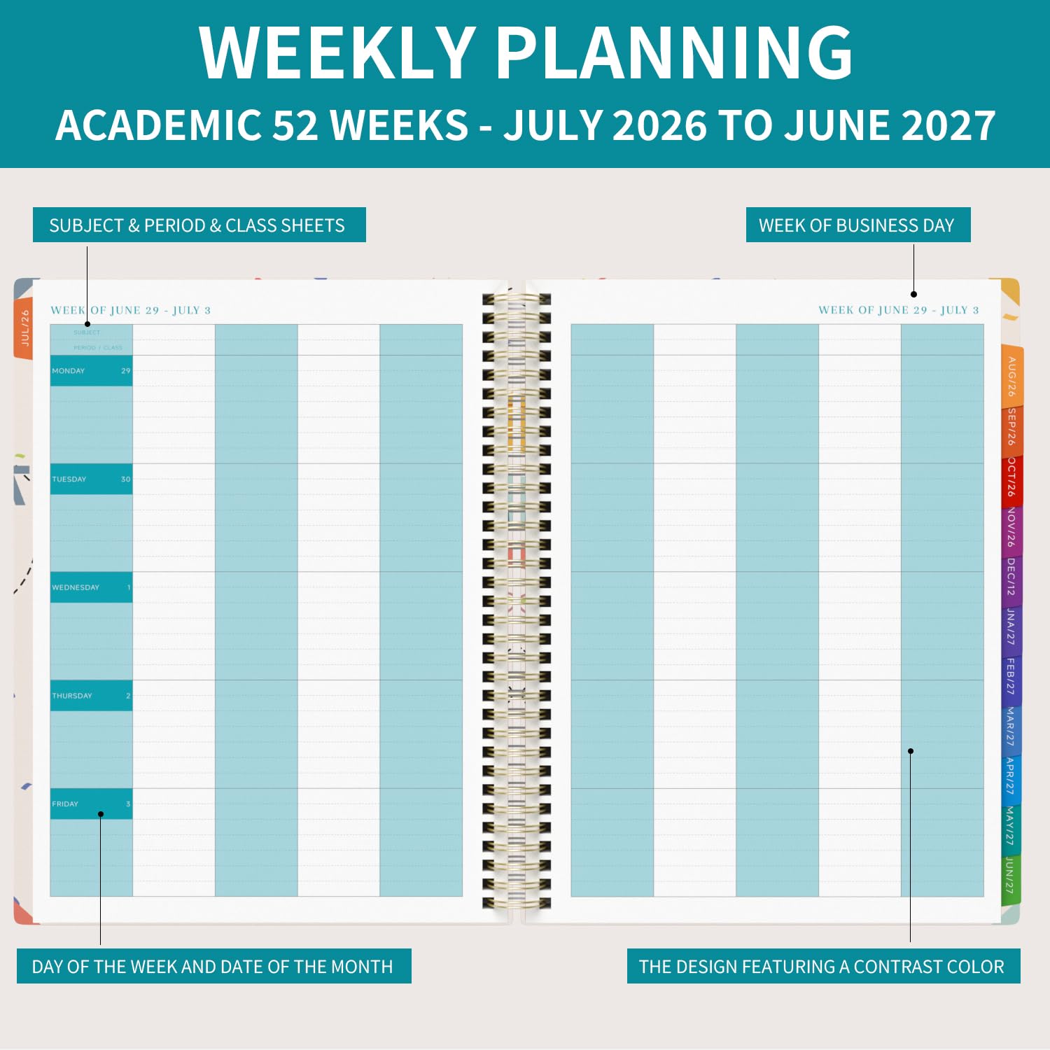 Teacher Planner 2026-2027 Academic Lesson Planner,July 2026 to June 2027, 8.5" x 11" Lesson Plan Book, Weekly and Monthly Academic Planner with Colourful Monthly Tabs