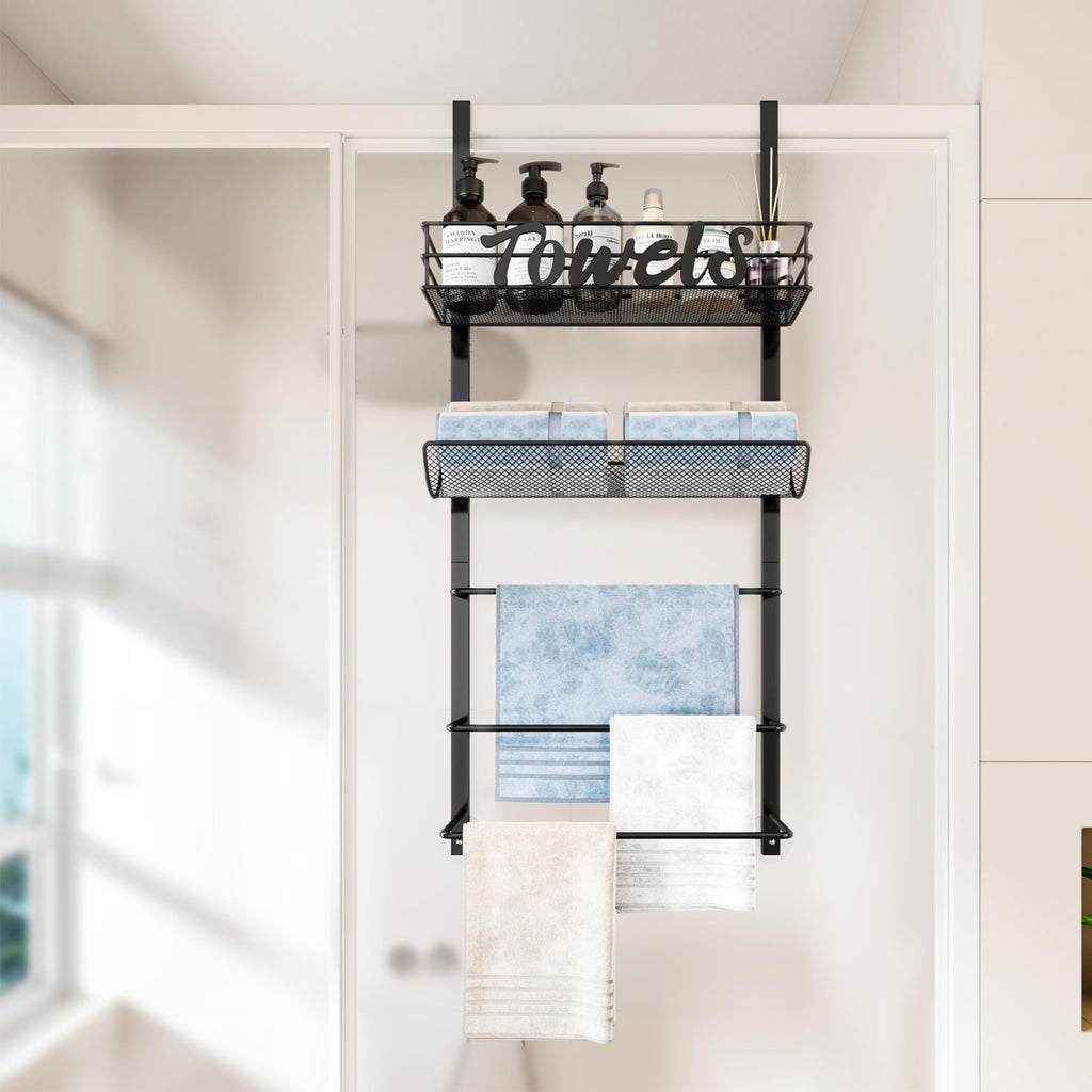 SWTYMIKI Towel Rack for Bathroom - 5 Tier Over Door The Towel Rack Wall Mounted with Metal Shelf, Over Door Towel Holder, Space-Saving Bathroom Storage, Multi-Functional Bathroom Accessories, Black