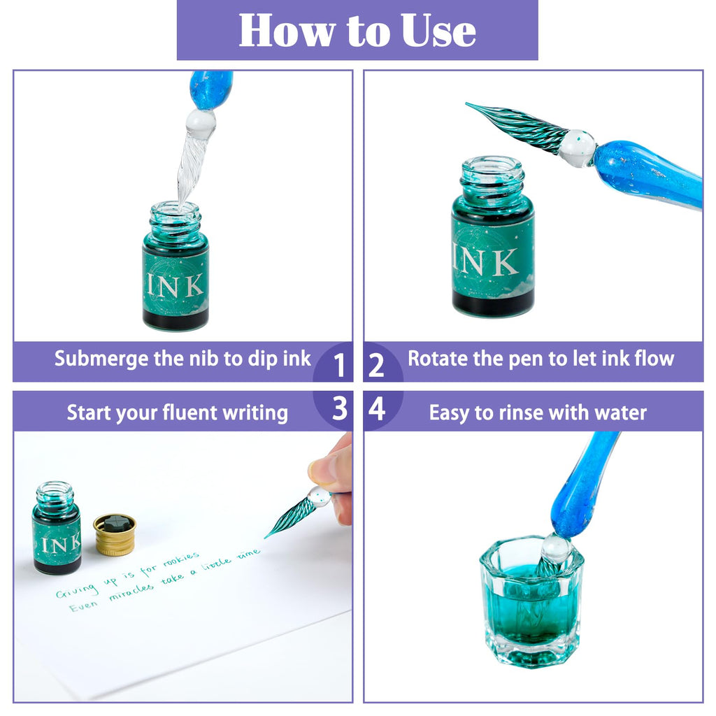 TPBSITNS Glass Dip Pen Ink Set, 12 Colors Calligraphy Ink Set with 2 Crystal Glass Pen, 12 Multicolor Ink, Pen Holder Cleaning Cup Ink Drip Tool for Writing Art Signature Beginners Valentines Day Gift