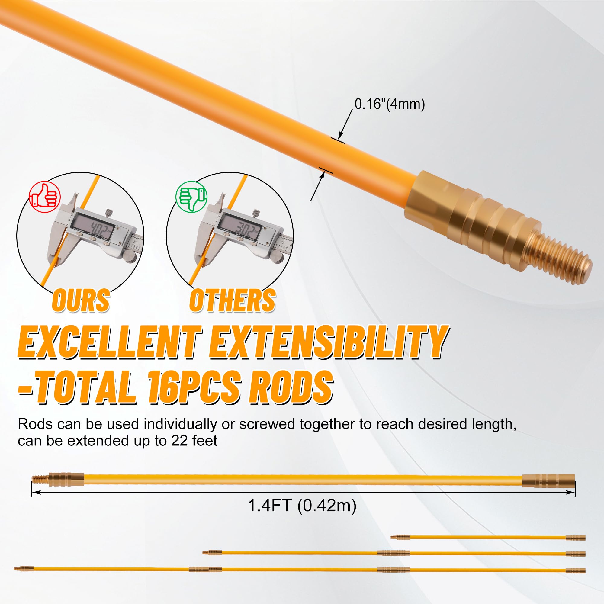 KOOTANS 22FT Fiberglass Electrical Wires Running Kit Wire Fishing Tools Fish Tape Wire Puller Through Wall Cable Snake Fish Rods Kit with Different Attachments