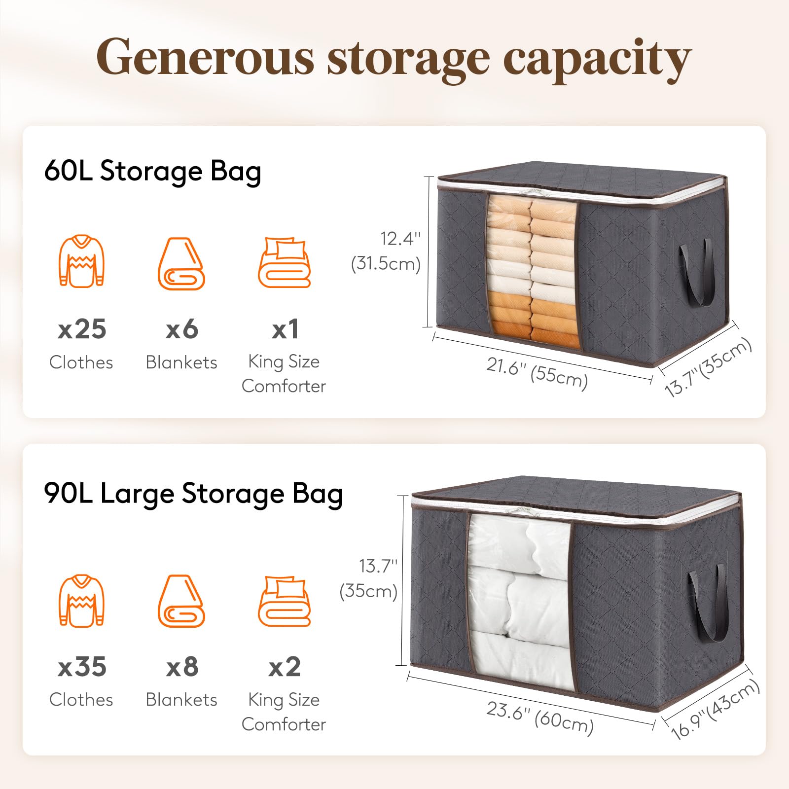 Lifewit Large Capacity Clothes Storage Bag Organizer with Reinforced Handle Thick Fabric for Comforters, Blankets, Bedding, Foldable with Sturdy Zipper, Clear Window, 3 Pack, 90L, Grey